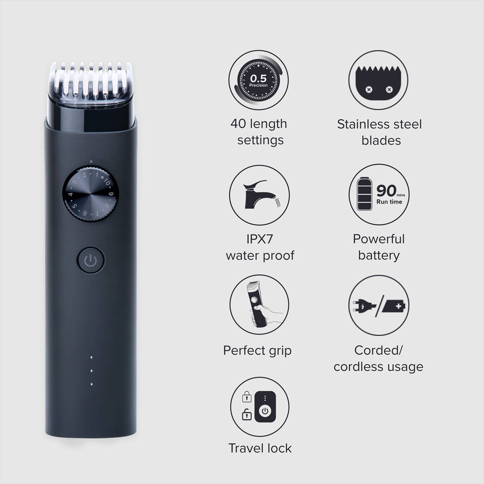 Xiaomi Rechargeable Corded & Cordless Dry Trimmer for Beard & Moustache with 40 Length Settings for Men (90mins Runtime, IPX7 Waterproof, Black)_10