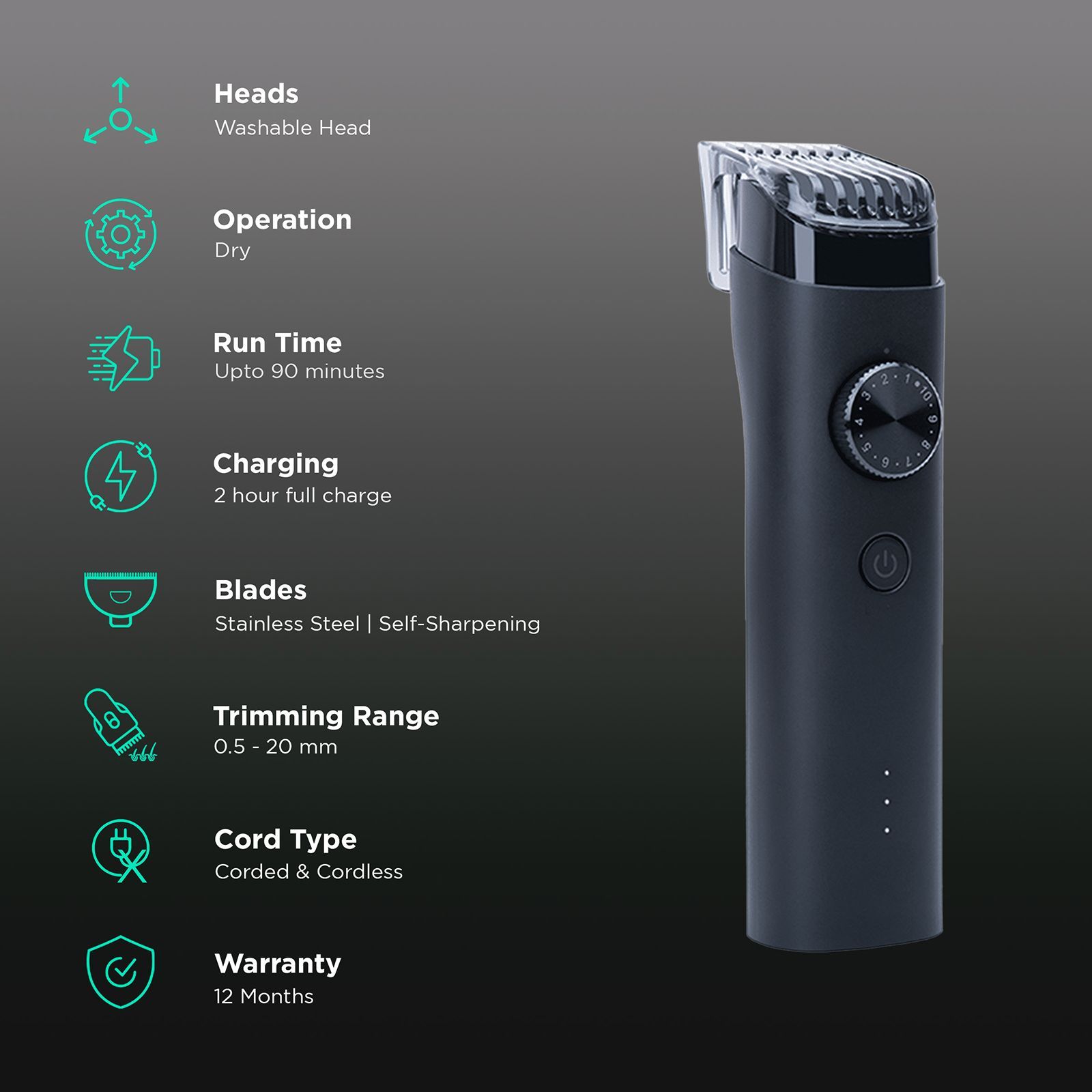 Xiaomi Rechargeable Corded & Cordless Dry Trimmer for Beard & Moustache with 40 Length Settings for Men (90mins Runtime, IPX7 Waterproof, Black)_2