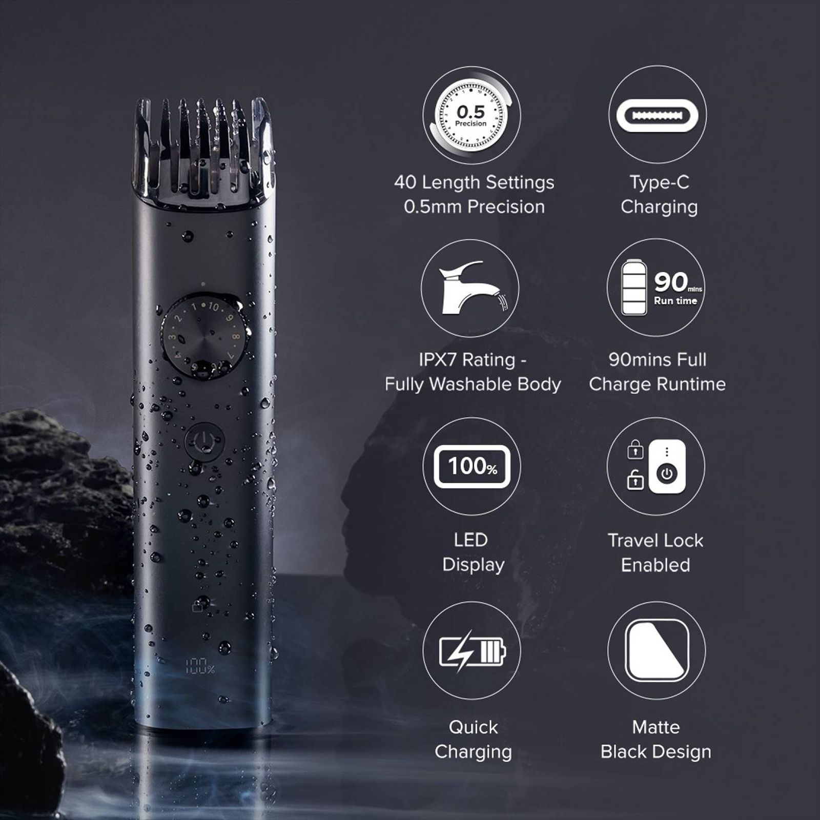 Xiaomi 2 Rechargeable Corded & Cordless Dry Trimmer for Beard & Moustache with 40 Length Settings for Men (90mins Runtime, IPX7 Waterproof, Black)_10