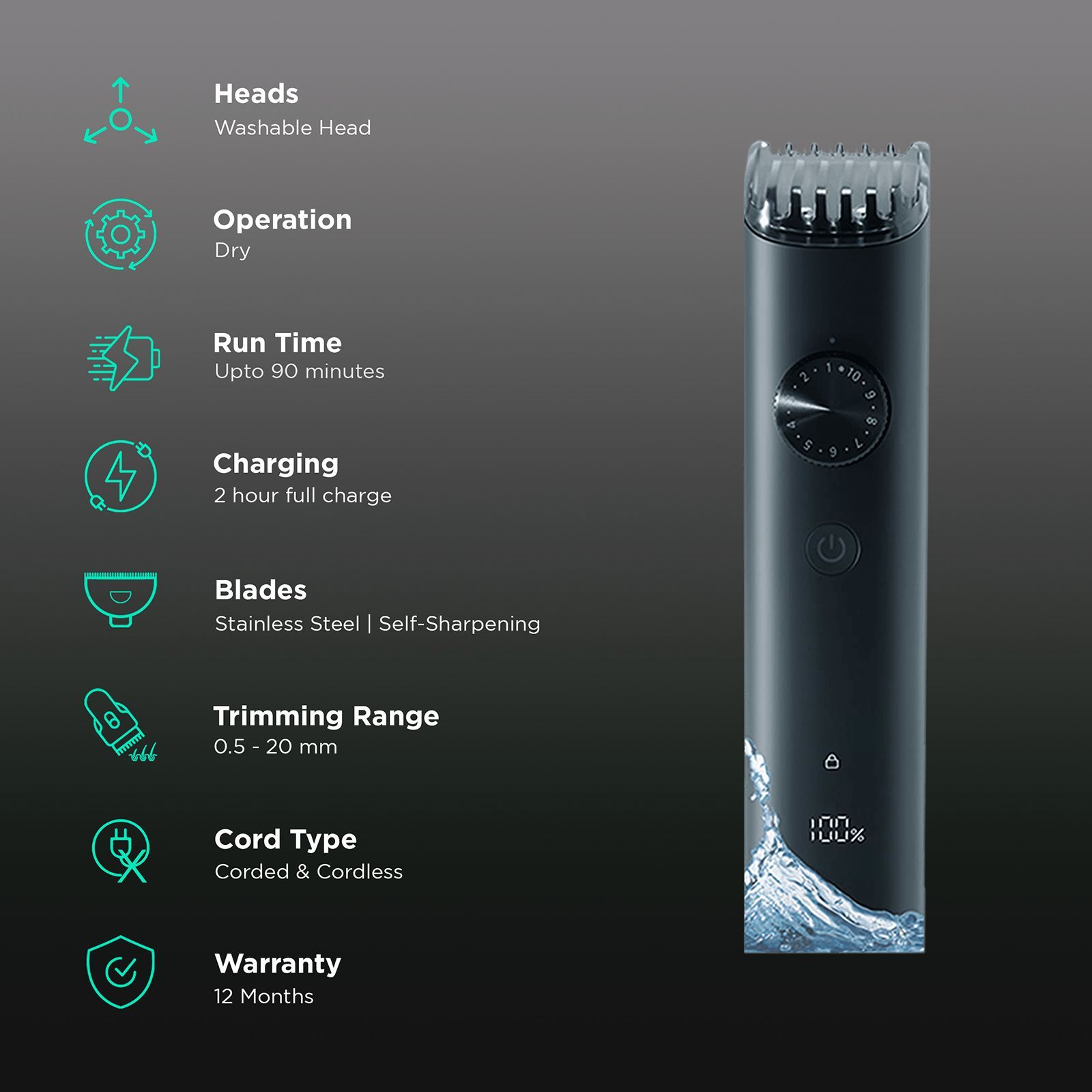 Xiaomi 2 Rechargeable Corded & Cordless Dry Trimmer for Beard & Moustache with 40 Length Settings for Men (90mins Runtime, IPX7 Waterproof, Black)_2