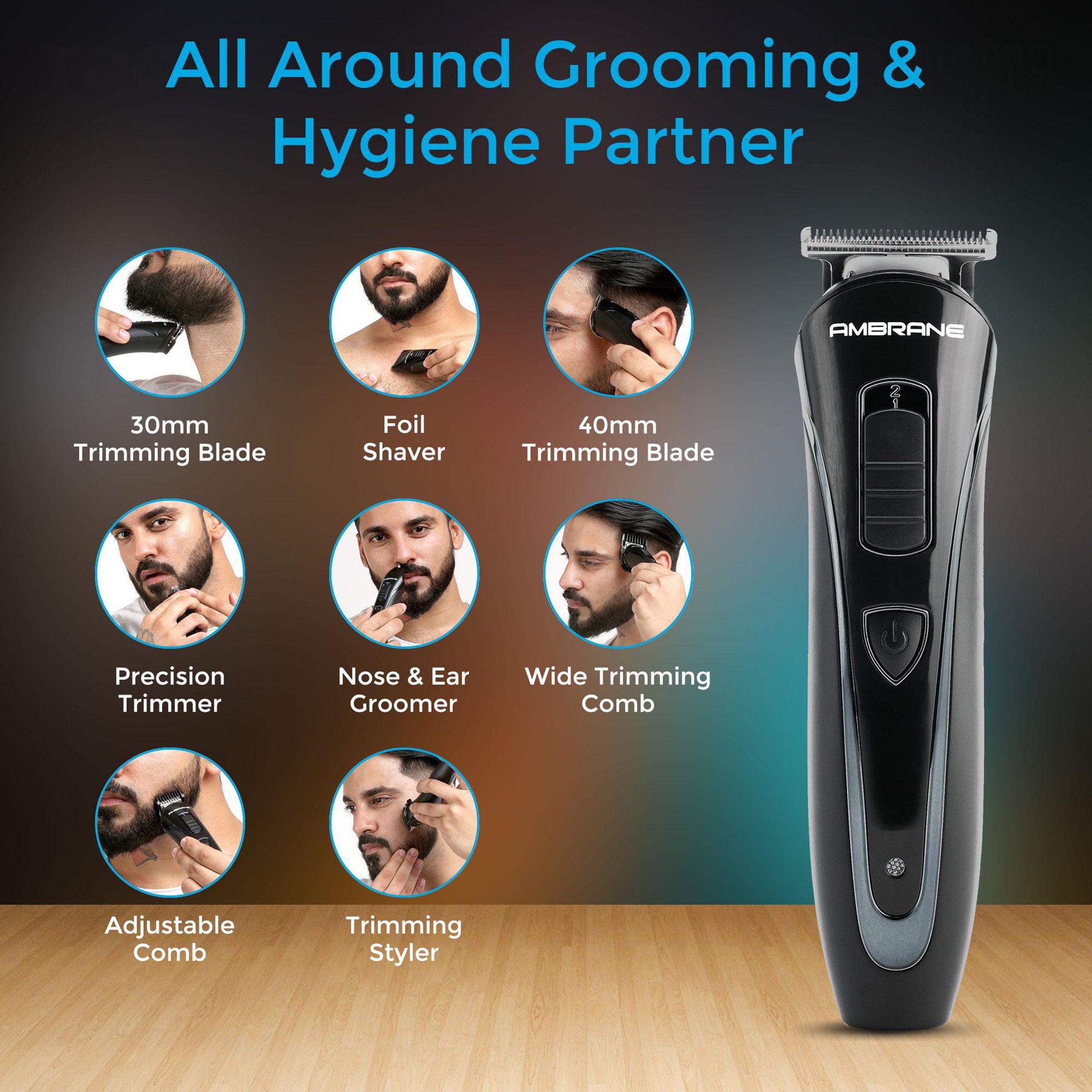 ambrane Cruiser 5-in-1 Rechargeable Cordless Grooming Kit for Face & Body for Men (60mins Runtime, Rapid Charging, Black)_7