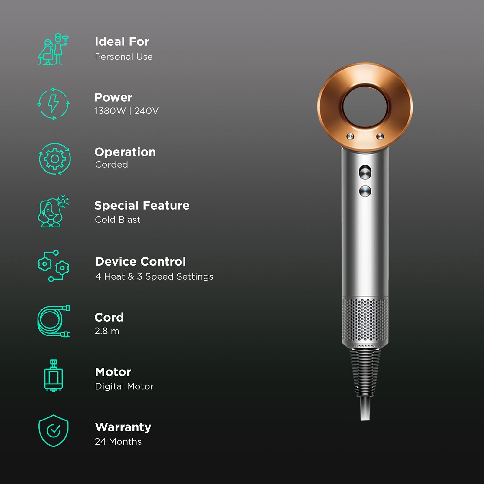 dyson Supersonic Hair Dryer with 4 Heat Settings & Cold Blast (Air Multiplier Technology, Nickel & Copper)_2