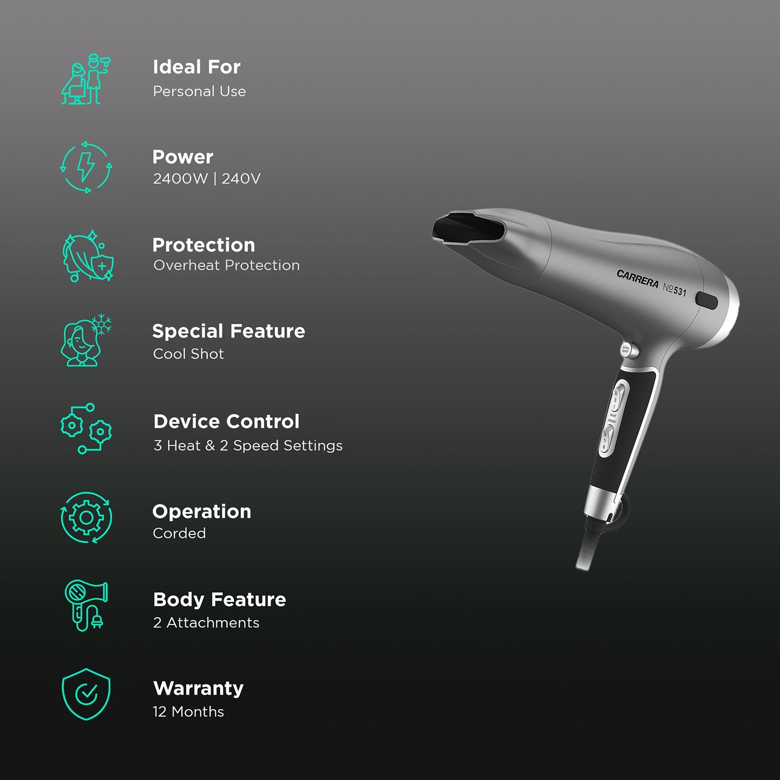 CARRERA Professional Hair Dryer with 3 Heat Settings & Cool Shot (Ionic Technology, Grey)_2