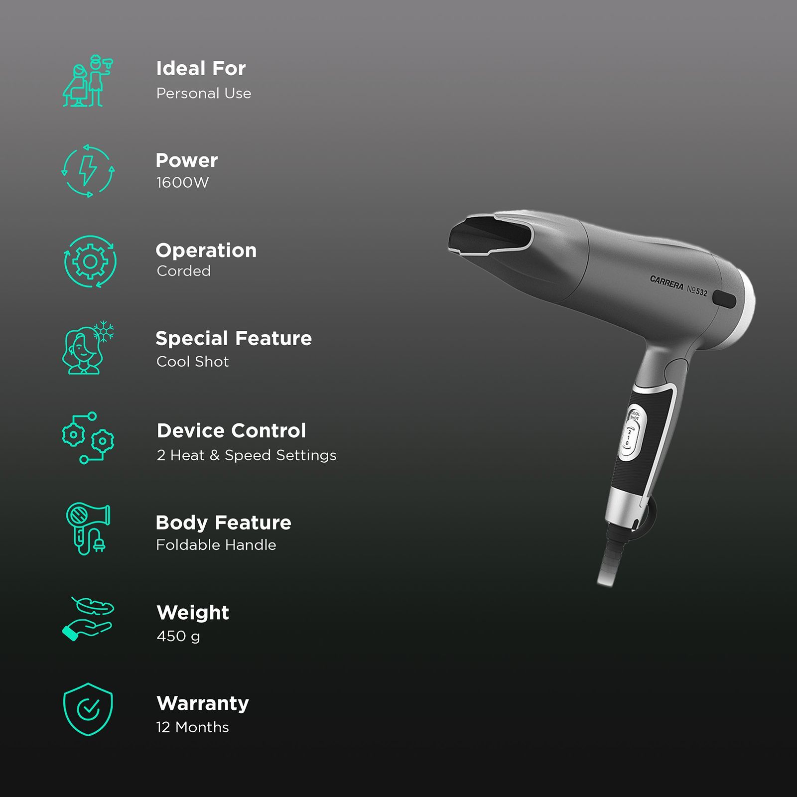 CARRERA Professional Hair Dryer with 2 Heat Settings & Cool Shot (Advanced Coating Technology, Grey)_2