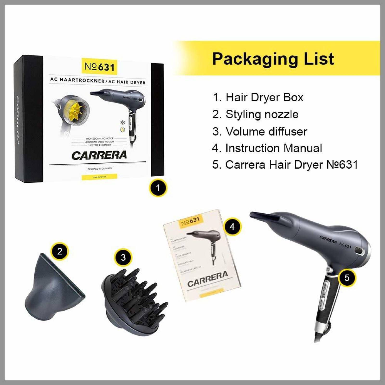 CARRERA Professional Hair Dryer with 2 Heat Settings & Cool Shot (Volume Diffusor, Grey)_6