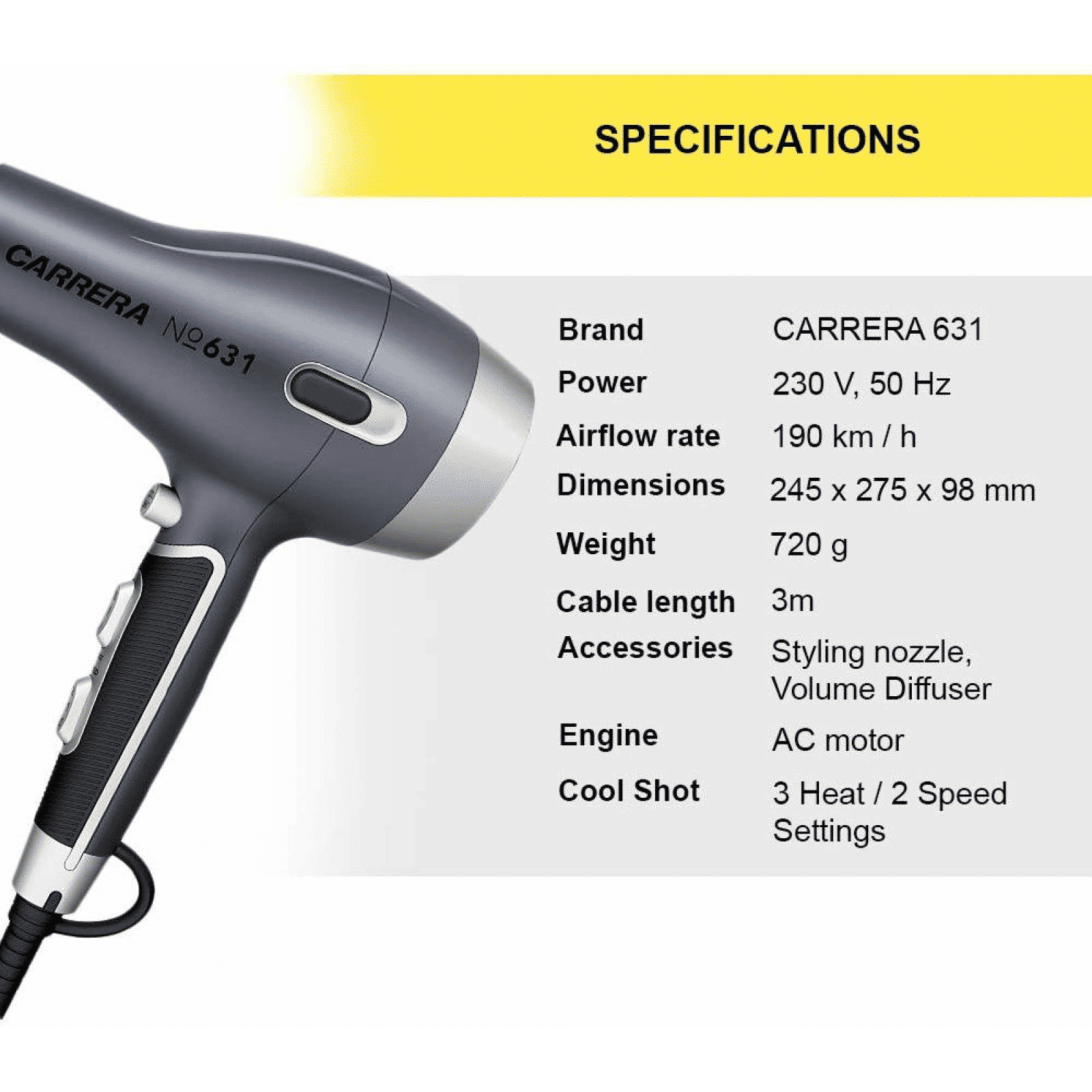 CARRERA Professional Hair Dryer with 2 Heat Settings & Cool Shot (Volume Diffusor, Grey)_7