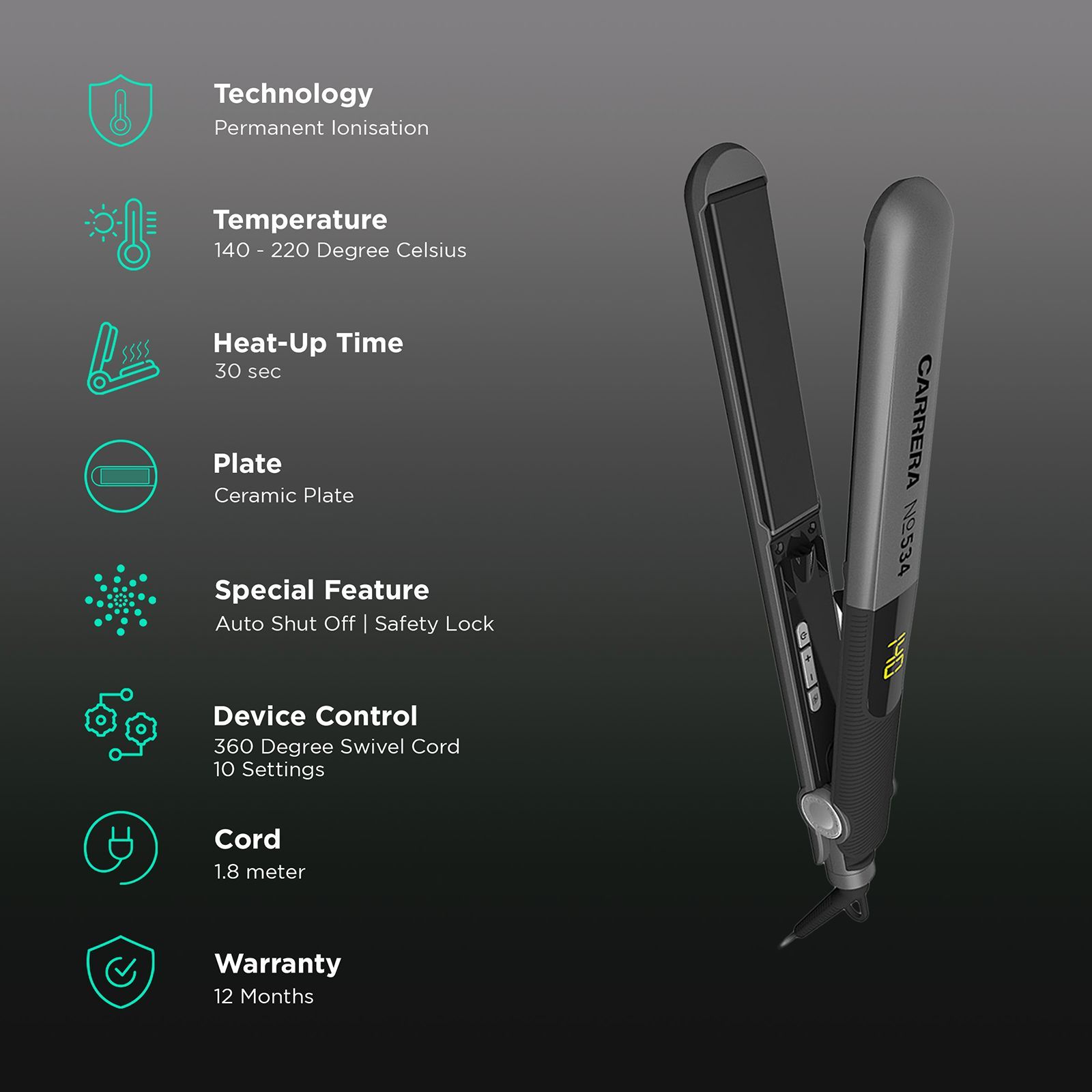 CARRERA Professional Hair Straightener with Permanent Ionisation (Ceramic Plates, Grey)_3