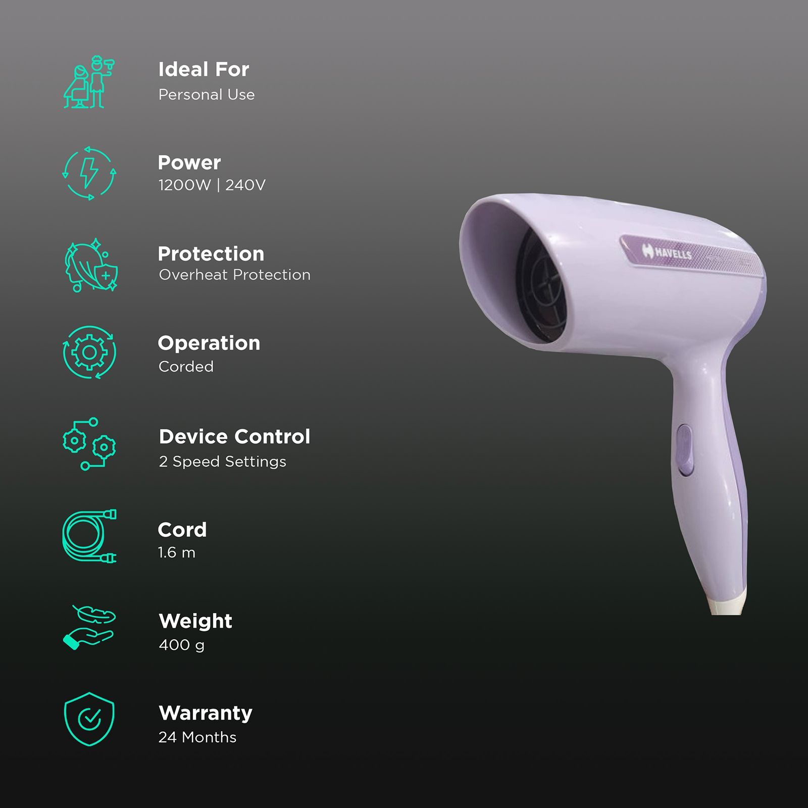 HAVELLS HD1902 Hair Dryer (Overheat Protection, Lavender)_2