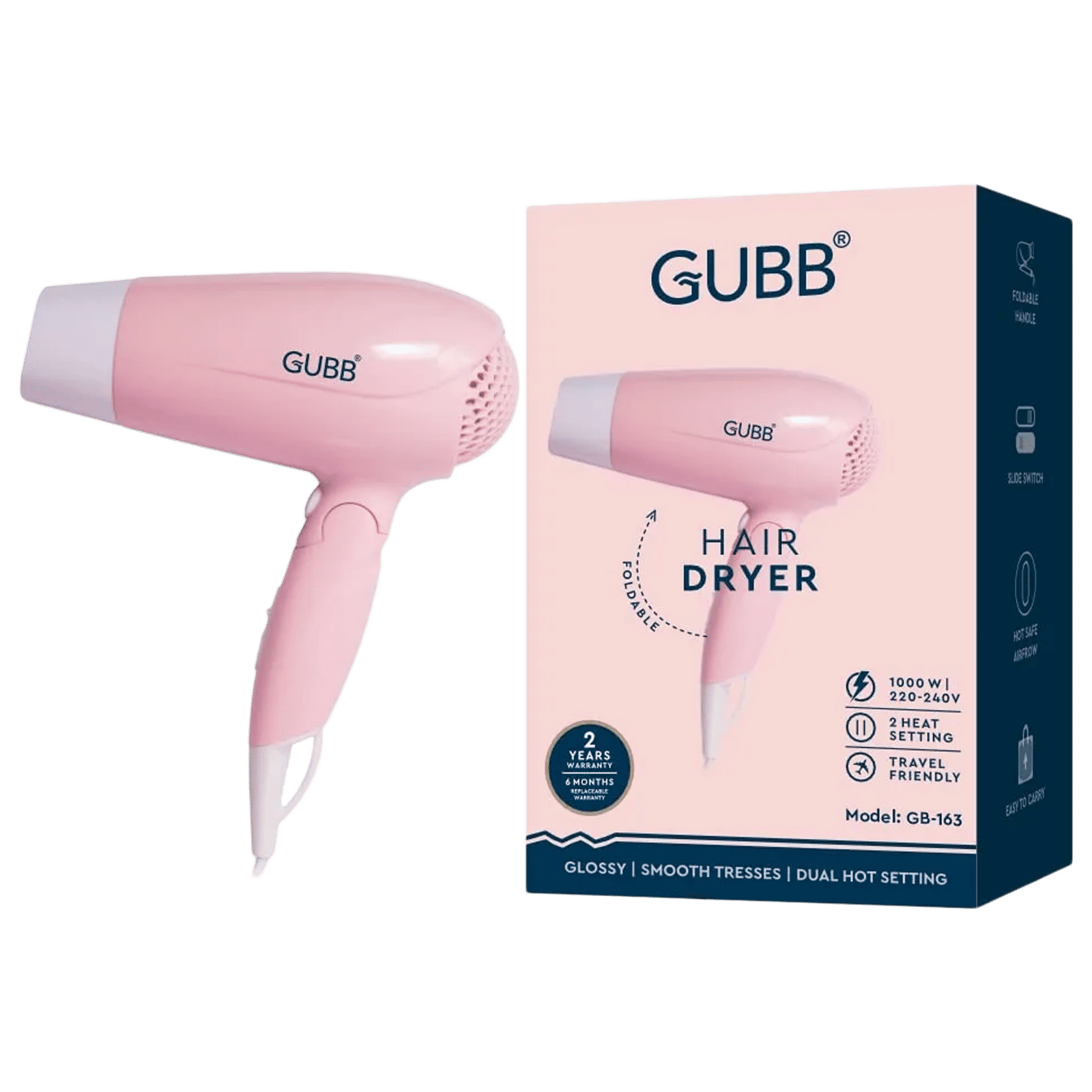GUBB GB-163 Hair Dryer with 3 Heat Settings & Cool Shot (Overheat Protection, Pink)_1