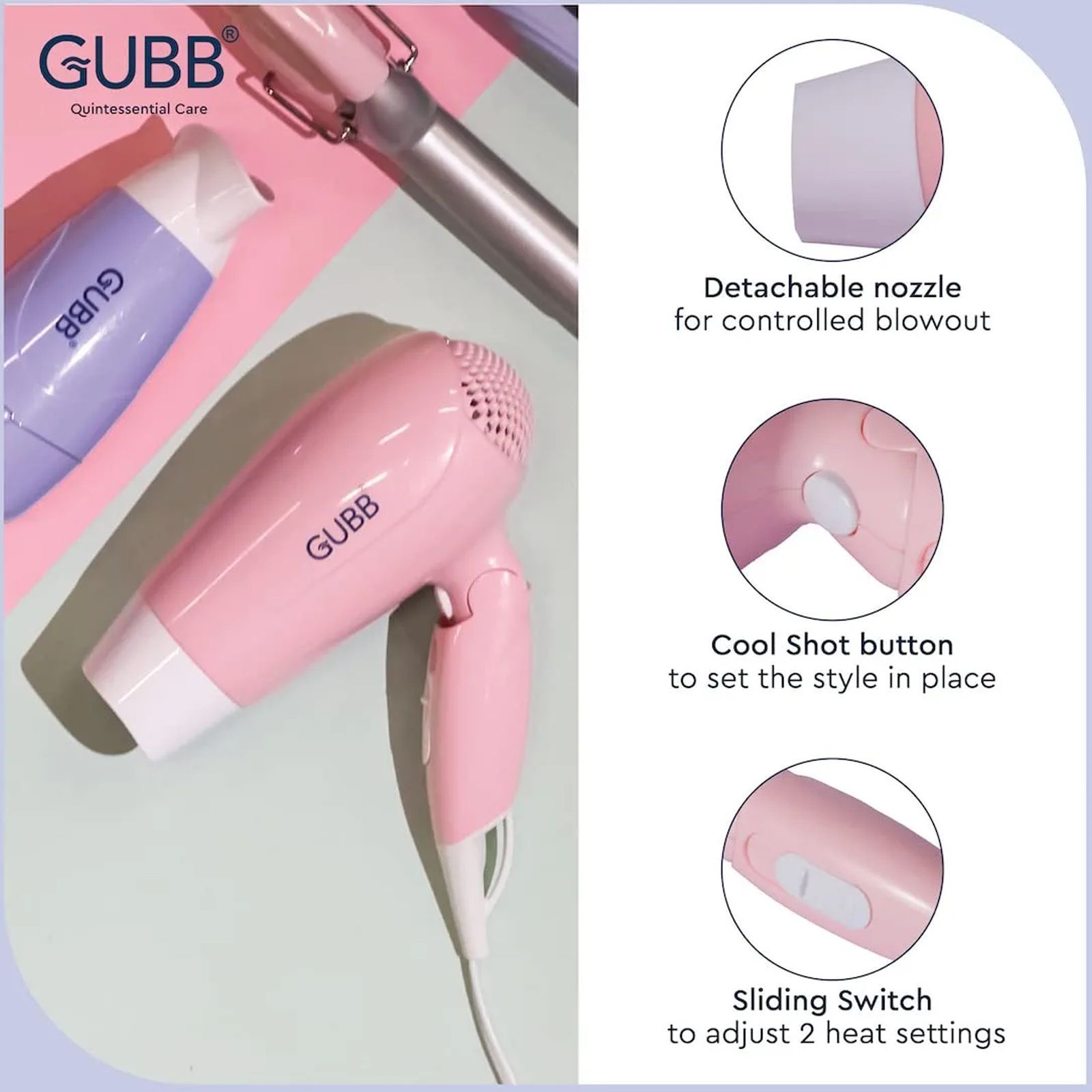 GUBB GB-163 Hair Dryer with 3 Heat Settings & Cool Shot (Overheat Protection, Pink)_5