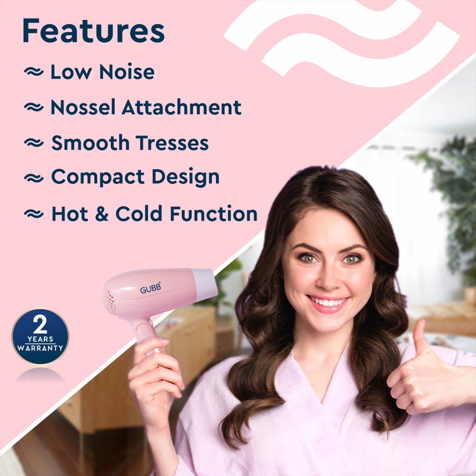 GUBB GB-163 Hair Dryer with 3 Heat Settings & Cool Shot (Overheat Protection, Pink)_11
