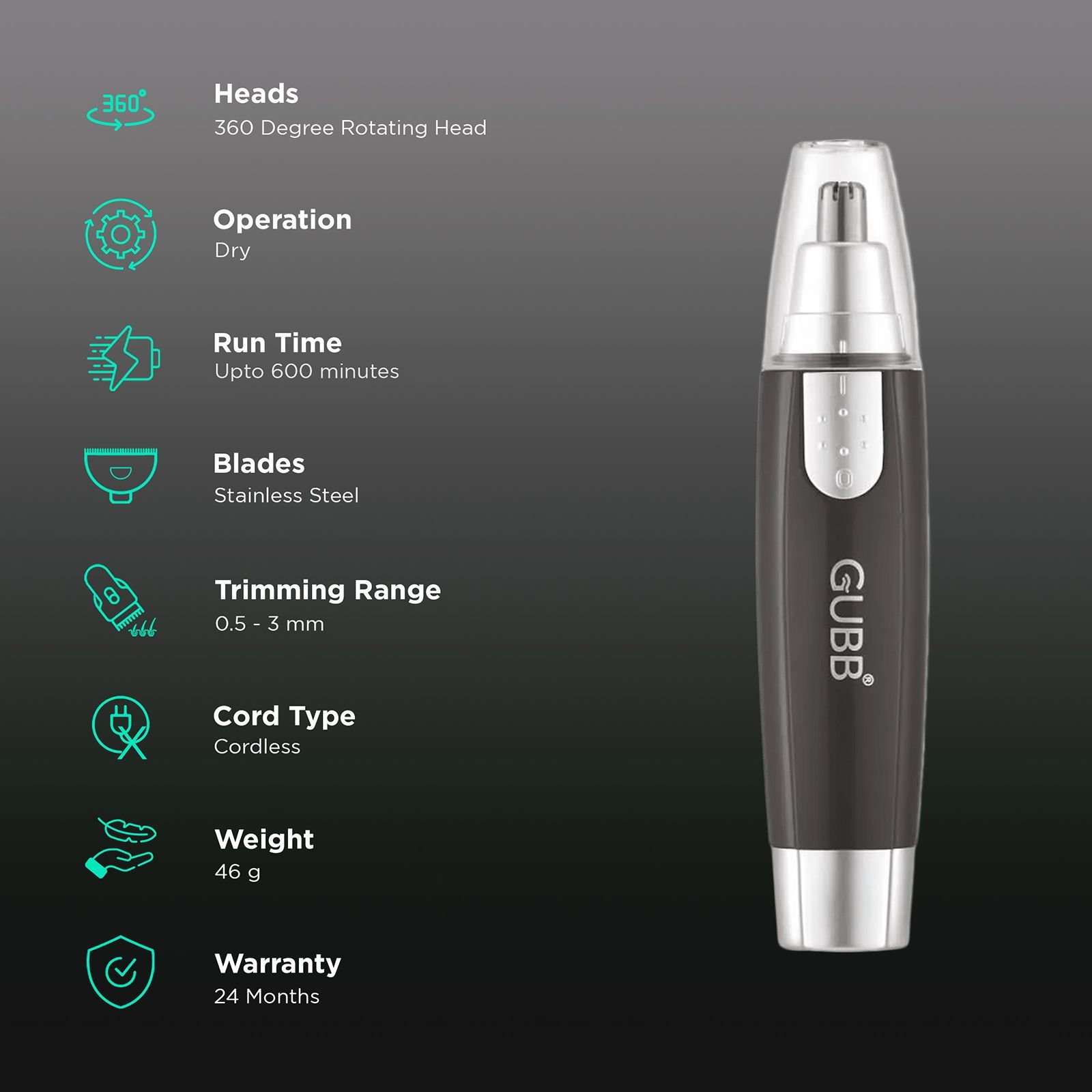 GUBB GB-808 Rechargeable Cordless Dry Trimmer for Nose & Ear for Men & Women (600mins Runtime, 360 Degree Rotating Mechanism, Black)_2