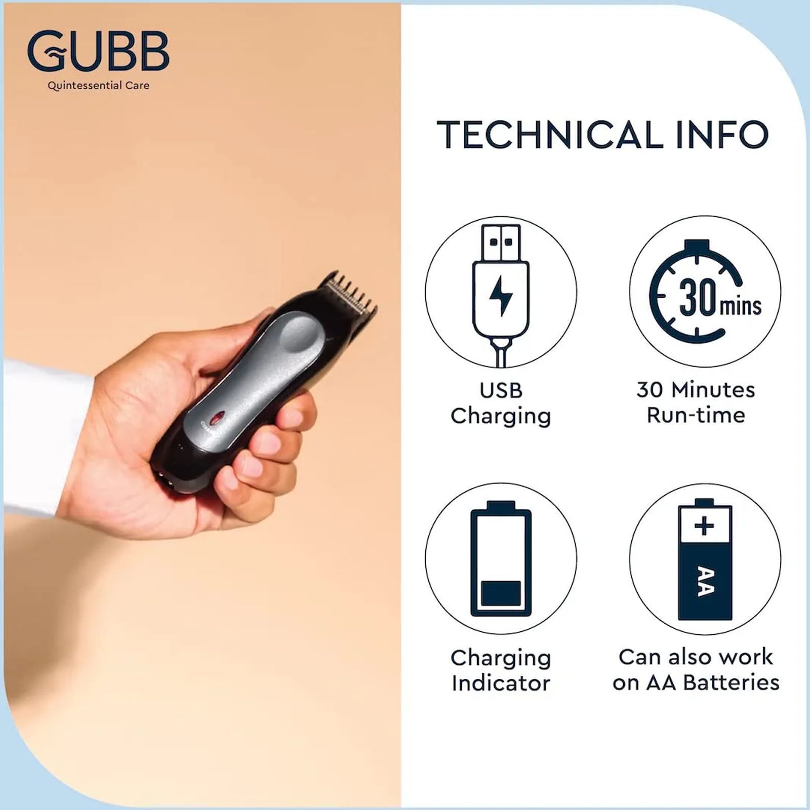 GUBB GB-9018 Rechargeable Cordless Dry Trimmer for Beard with 5 Length Settings for Men (30mins Runtime, 360 Degree Rotating Blades, Black)_7