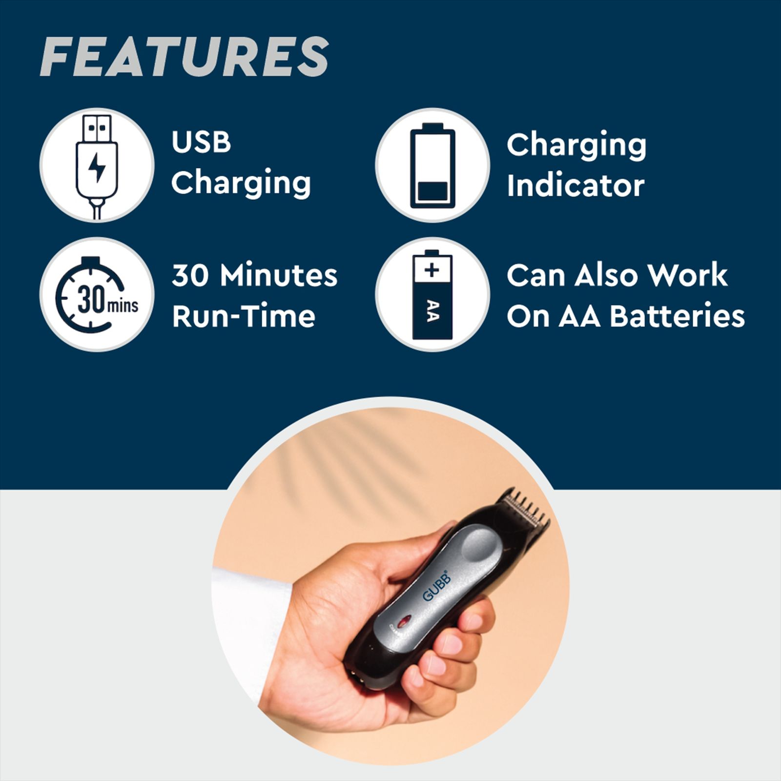 GUBB GB-9018 Rechargeable Cordless Dry Trimmer for Beard with 5 Length Settings for Men (30mins Runtime, 360 Degree Rotating Blades, Black)_12