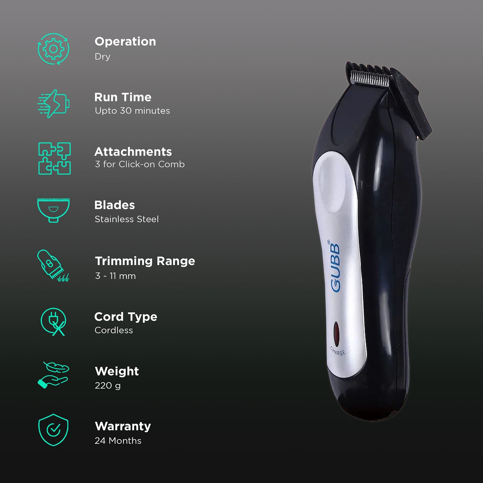 GUBB GB-9018 Rechargeable Cordless Dry Trimmer for Beard with 5 Length Settings for Men (30mins Runtime, 360 Degree Rotating Blades, Black)_2