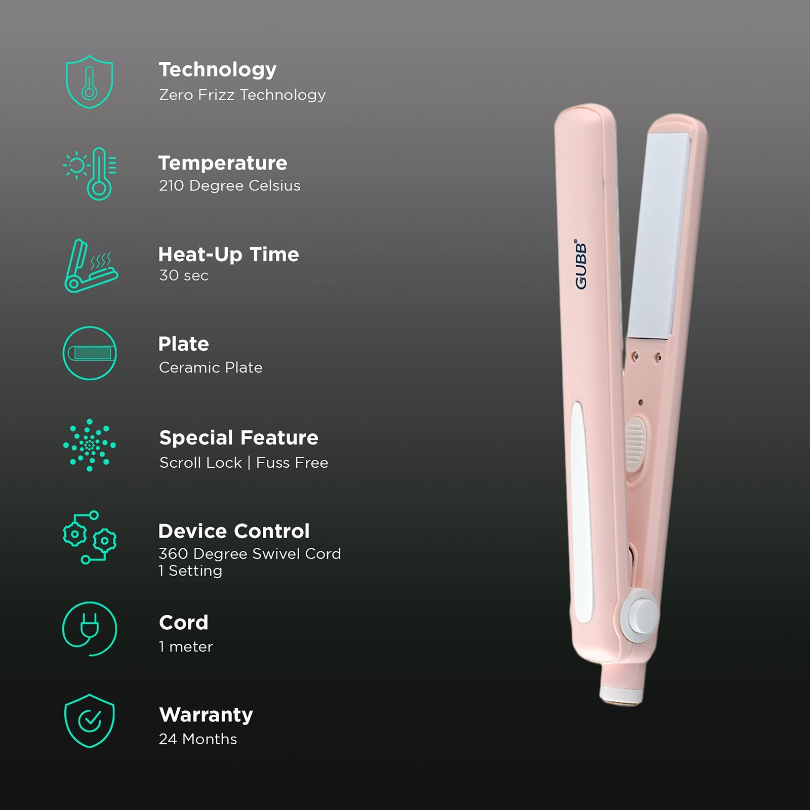 GUBB GB-650 Hair Straightener with Zero-Frizz Technology (Ceramic Plates, Pink)_3