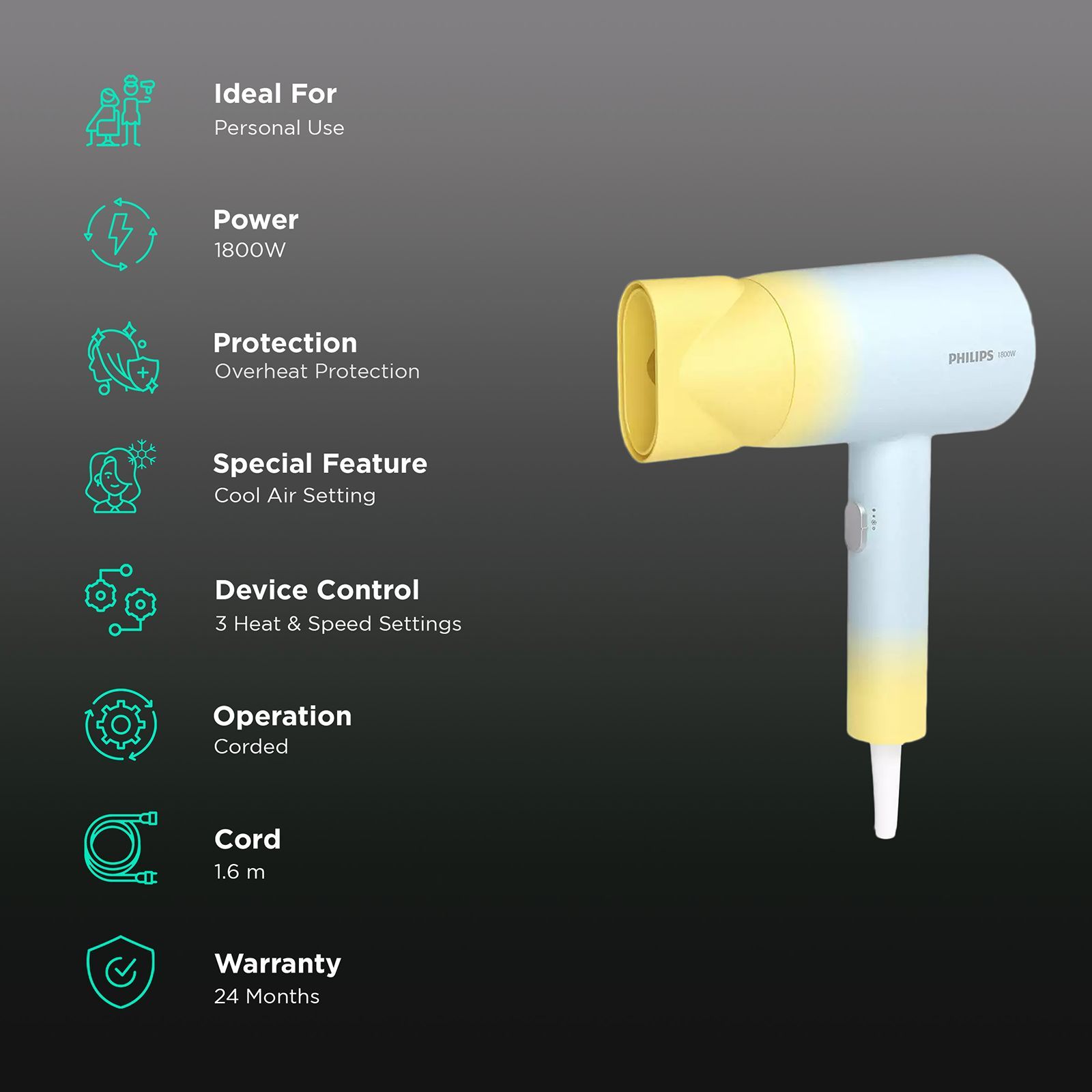 PHILIPS 3000 Hair Dryer with 3 Heat Settings & Cool Air Function (Mineral Ionic Care, Blue & Yellow)_2