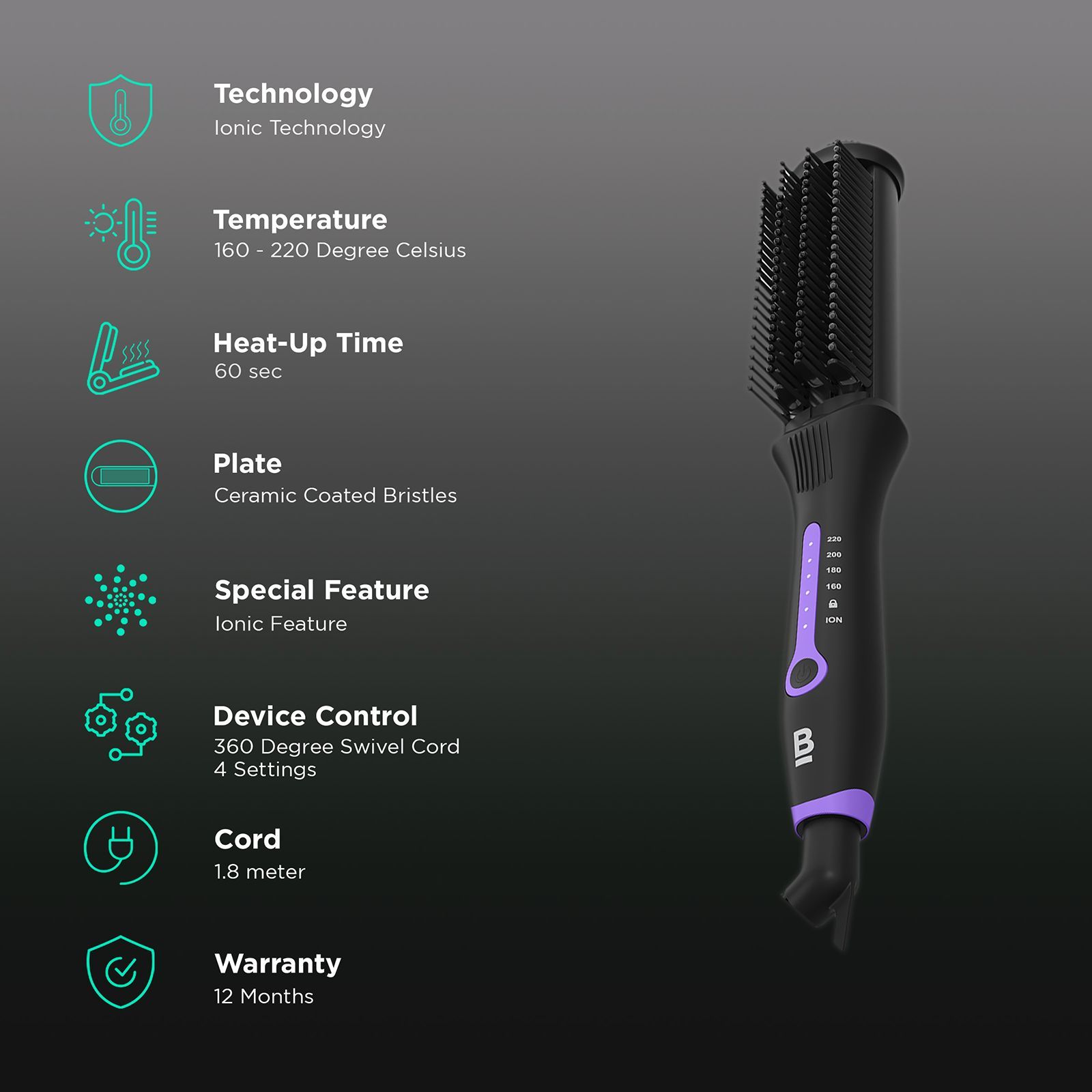 Bblunt Pro Hair Straightening Brush with Ionic Technology (Black & Purple) Bblunt Pro Hair Straightening Brush with Ionic Technology (Black & Purple)_2