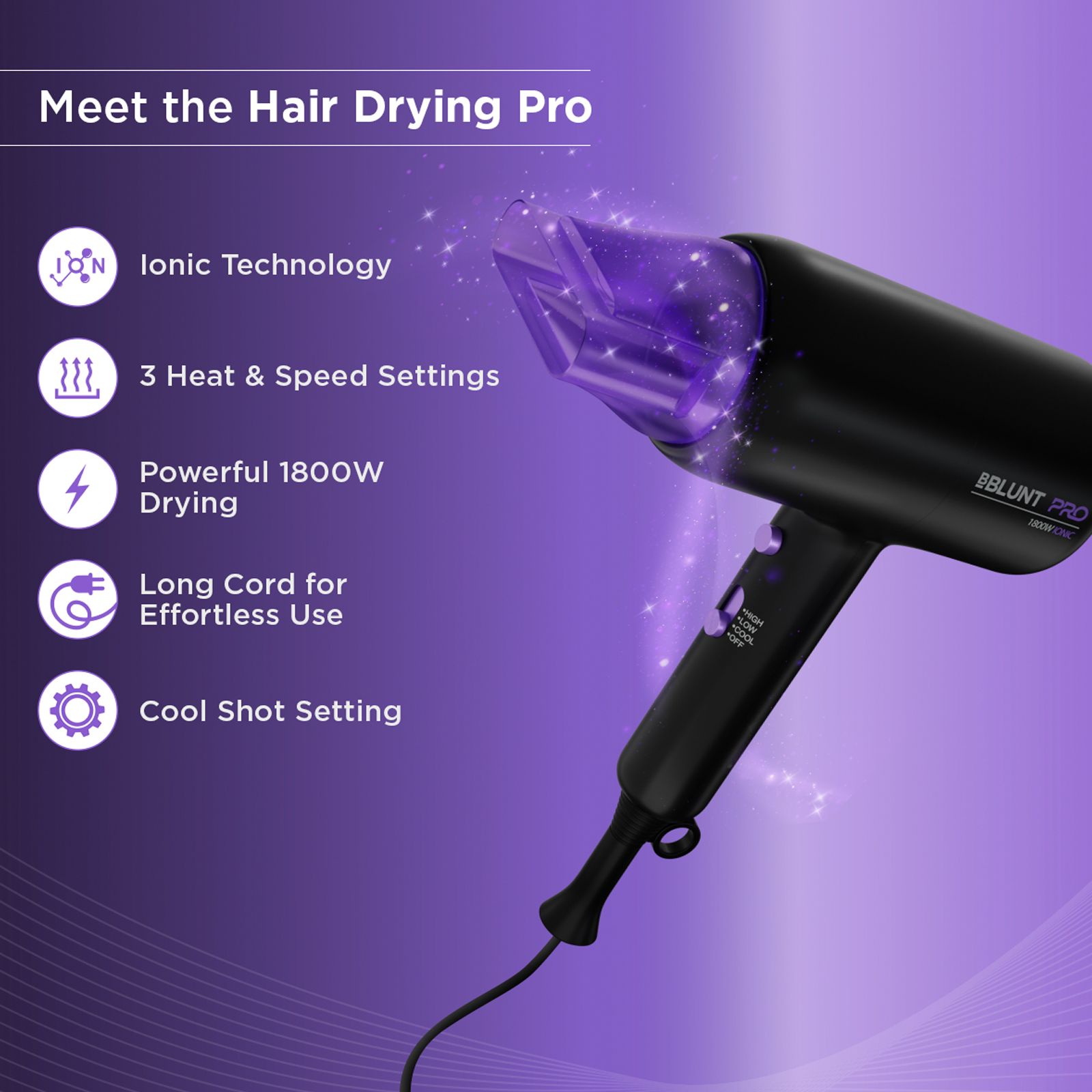 Bblunt Pro Hair Dryer with 3 Heat Settings & Cool Shot (Advanced Ionic Technology, Black & Purple)_5