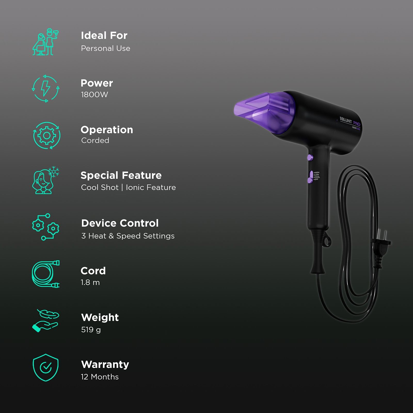 Bblunt Pro Hair Dryer with 3 Heat Settings & Cool Shot (Advanced Ionic Technology, Black & Purple)_2