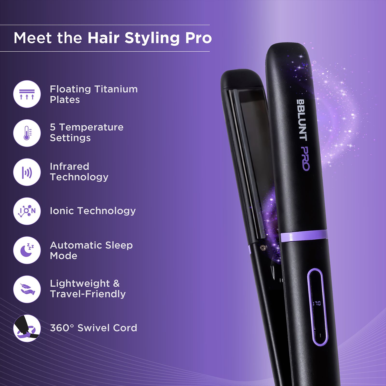 Bblunt Pro Hair Straightener with Ionic Technology (Titanium Plates, Black & Purple)_9