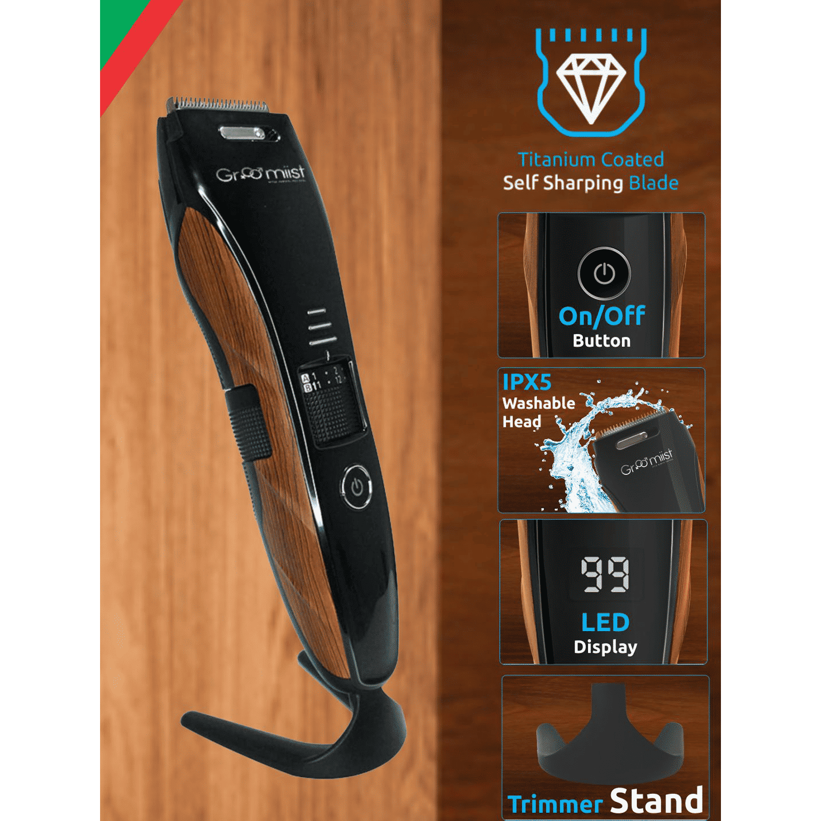 Groomiist Copper Series Rechargeable Corded & Cordless Wet & Dry Trimmer for Hair Clipping, Beard & Moustache with 20 Length Settings for Men (60min Runtime, Digital Charging Display, Black & Wood)_4