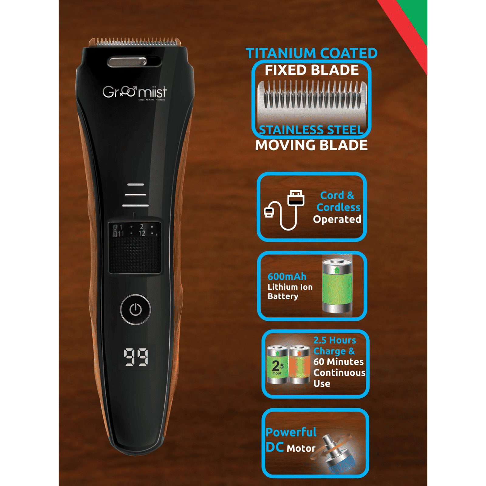 Groomiist Copper Series Rechargeable Corded & Cordless Wet & Dry Trimmer for Hair Clipping, Beard & Moustache with 20 Length Settings for Men (60min Runtime, Digital Charging Display, Black & Wood)_5