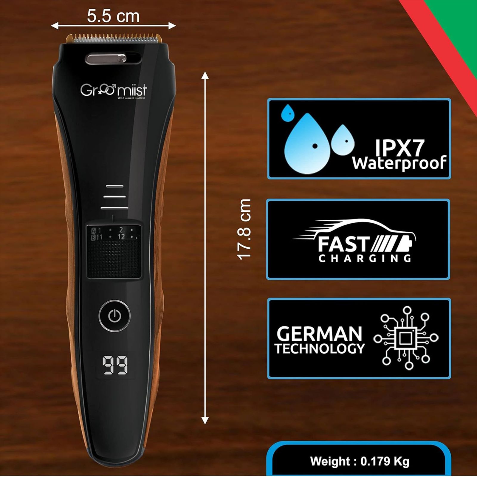 Groomiist Copper Series Rechargeable Corded & Cordless Wet & Dry Trimmer for Hair Clipping, Beard & Moustache with 20 Length Settings for Men (60min Runtime, Digital Charging Display, Black & Wood)_7