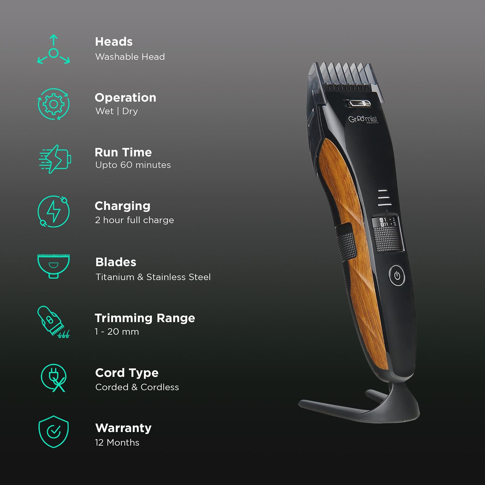 Groomiist Copper Series Rechargeable Corded & Cordless Wet & Dry Trimmer for Hair Clipping, Beard & Moustache with 20 Length Settings for Men (60min Runtime, Digital Charging Display, Black & Wood)_2