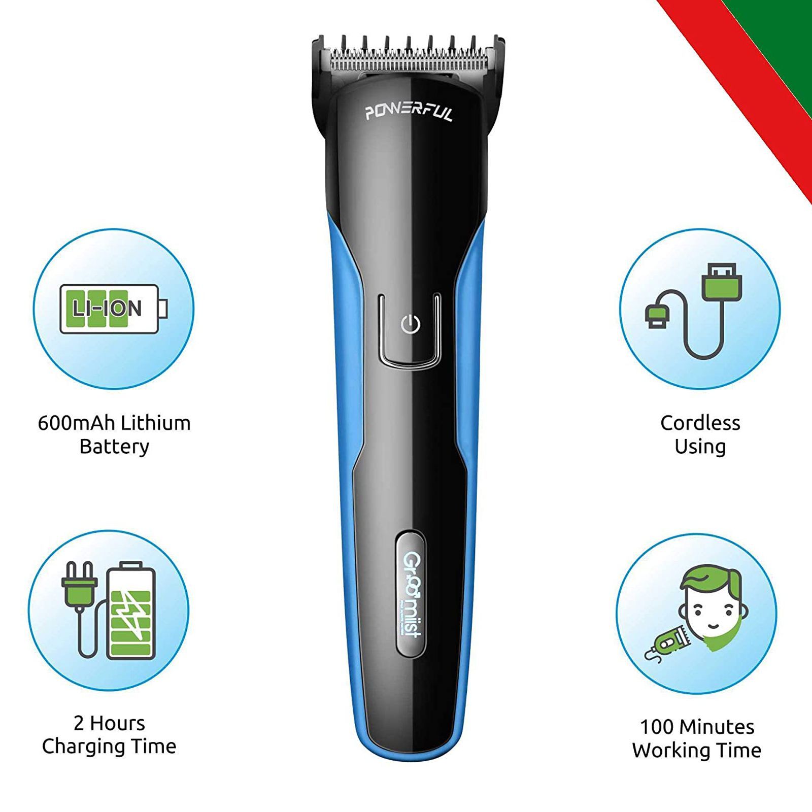 Groomiist Copper Series Rechargeable Corded & Cordless Wet & Dry Trimmer for Hair Clipping, Beard & Moustache with 10 Length Settings for Men (100min Runtime, Quick Charging Dock, Black & Blue)_6