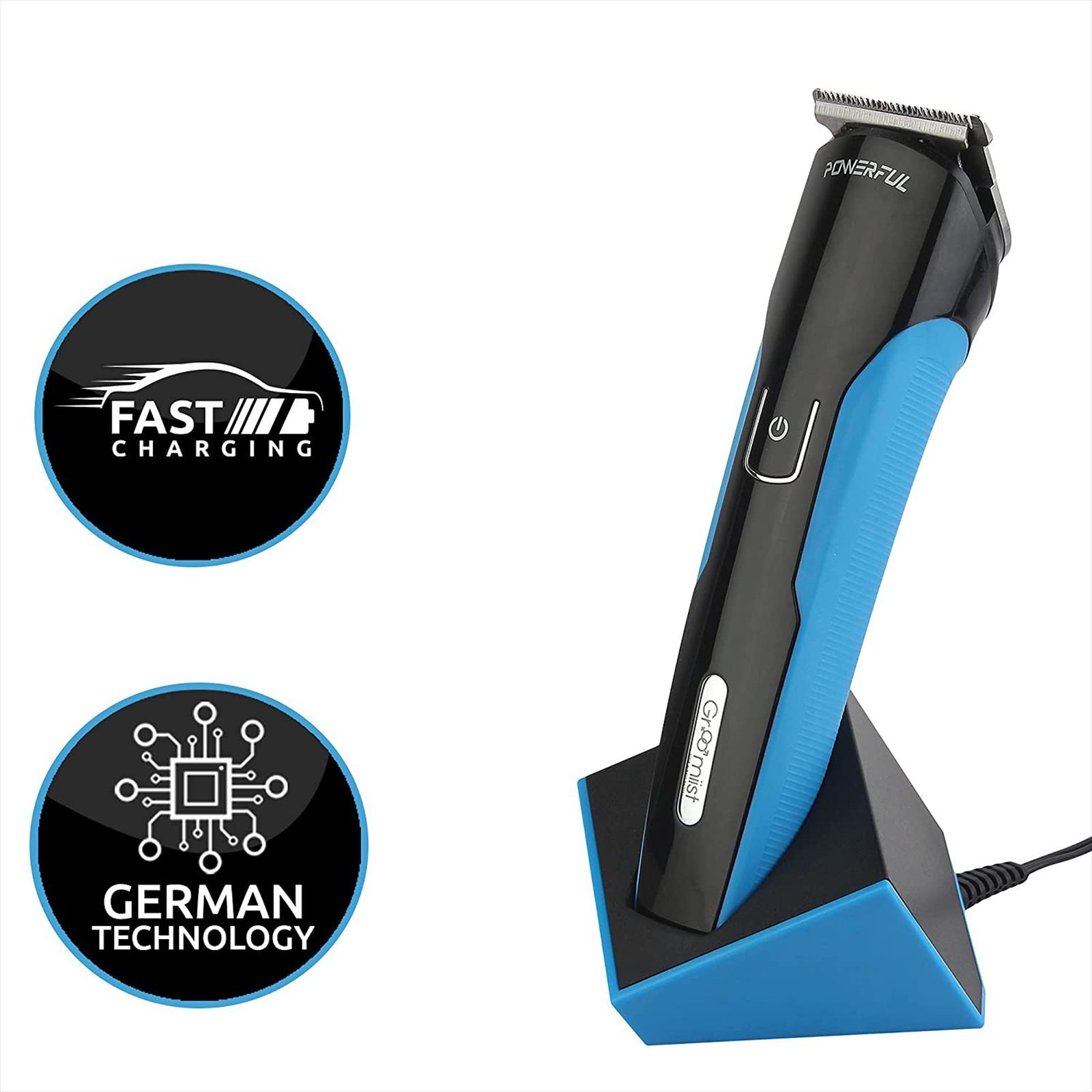 Groomiist Copper Series Rechargeable Corded & Cordless Wet & Dry Trimmer for Hair Clipping, Beard & Moustache with 10 Length Settings for Men (100min Runtime, Quick Charging Dock, Black & Blue)_10