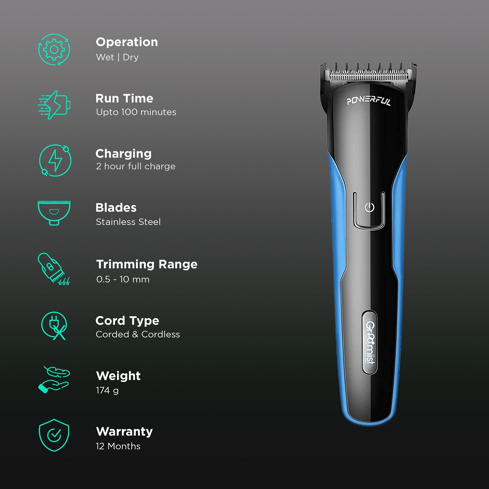 Groomiist Copper Series Rechargeable Corded & Cordless Wet & Dry Trimmer for Hair Clipping, Beard & Moustache with 10 Length Settings for Men (100min Runtime, Quick Charging Dock, Black & Blue)_2