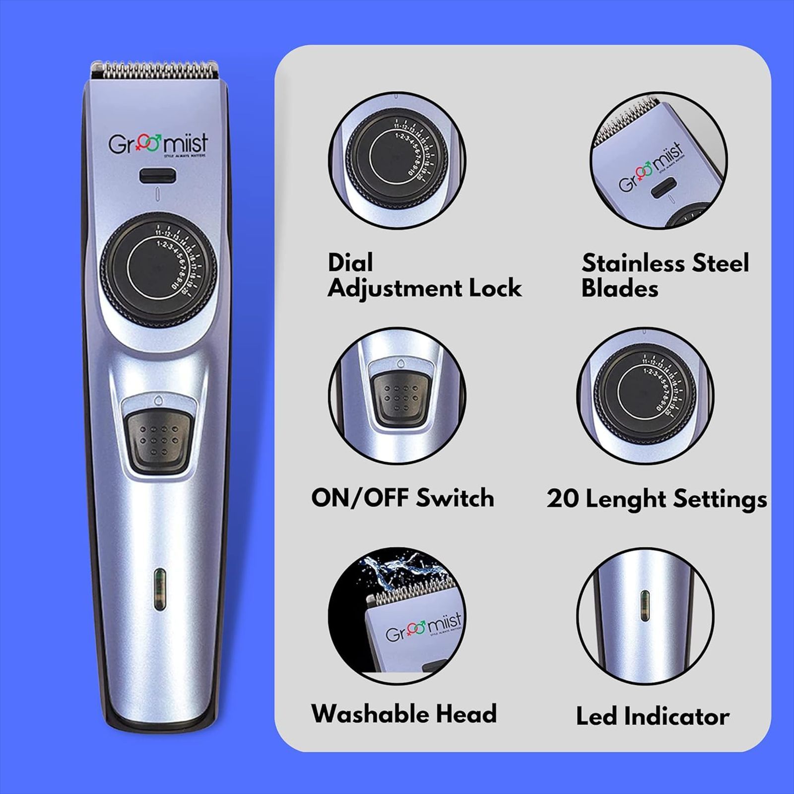 Groomiist Copper Series Rechargeable Cordless Dry Trimmer for Hair Clipping, Beard & Moustache with 20 Length Settings for Men (60min Runtime, LED Indicator, Purple & Black)_7