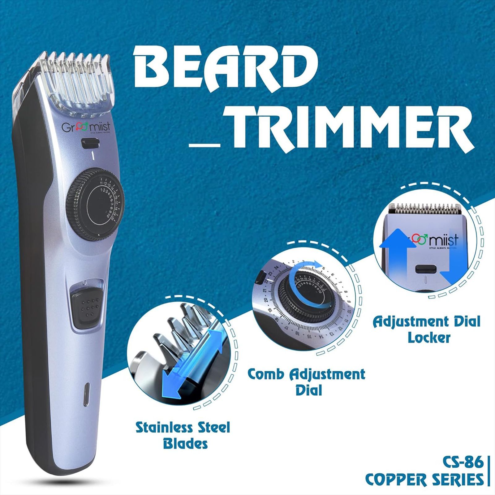 Groomiist Copper Series Rechargeable Cordless Dry Trimmer for Hair Clipping, Beard & Moustache with 20 Length Settings for Men (60min Runtime, LED Indicator, Purple & Black)_9