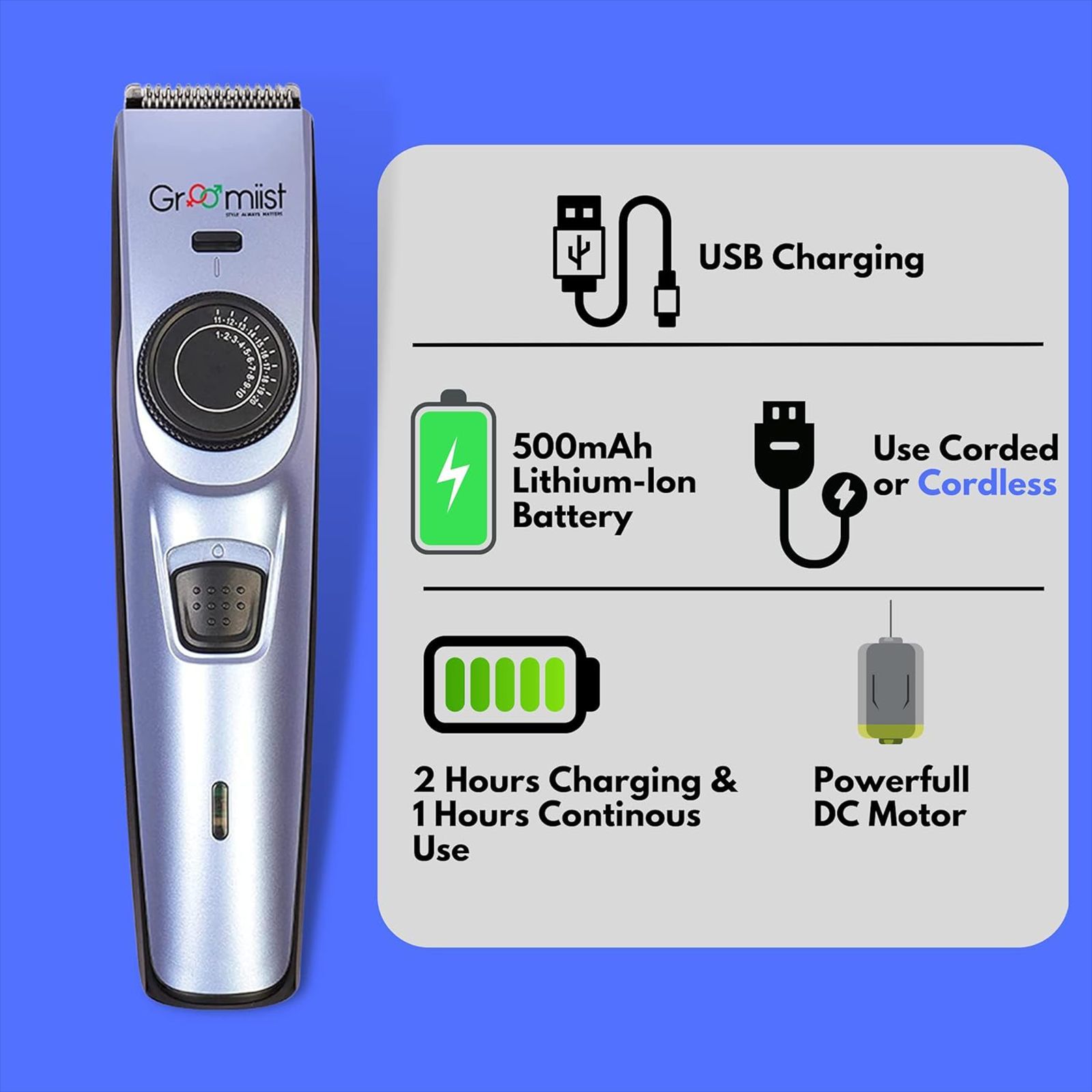 Groomiist Copper Series Rechargeable Cordless Dry Trimmer for Hair Clipping, Beard & Moustache with 20 Length Settings for Men (60min Runtime, LED Indicator, Purple & Black)_10