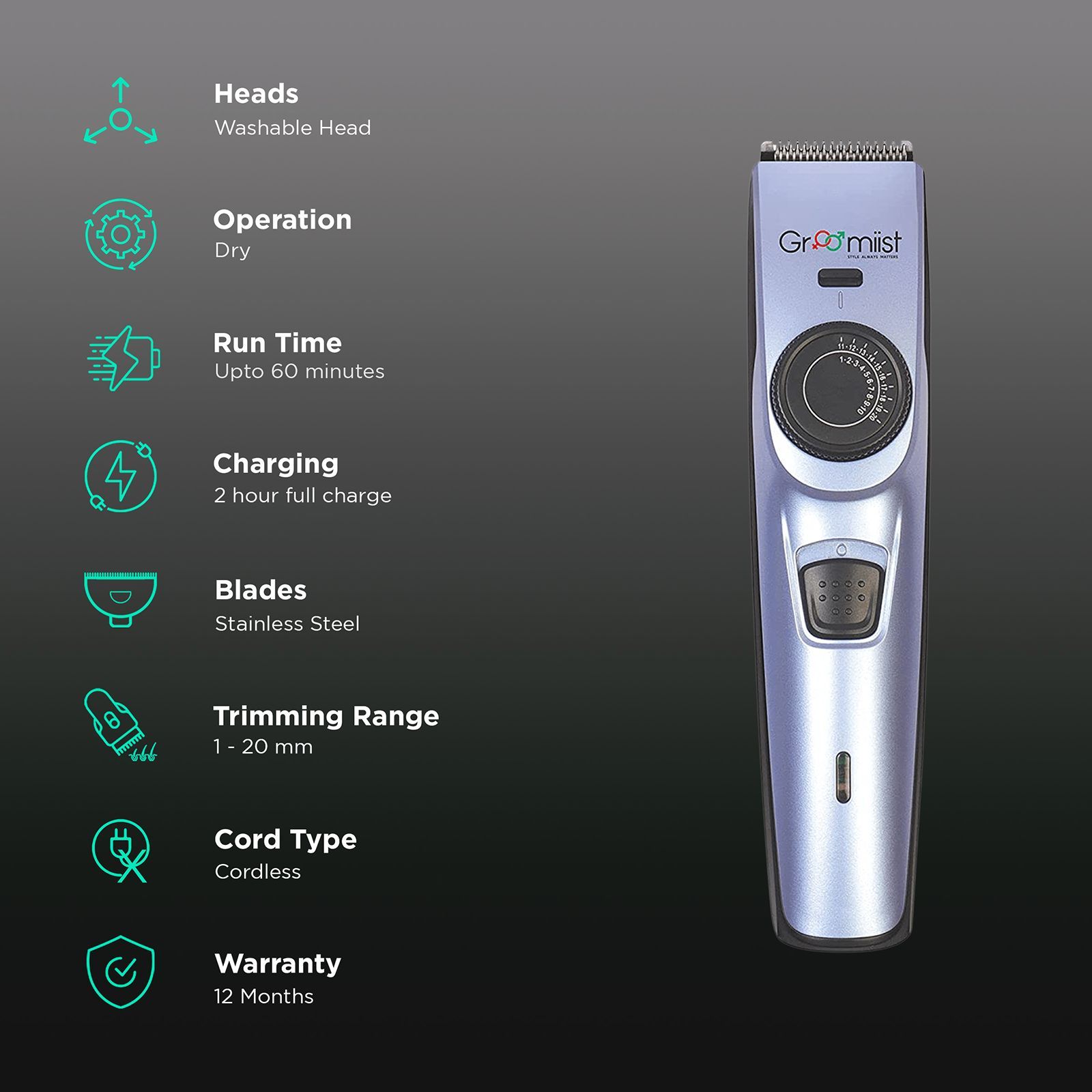 Groomiist Copper Series Rechargeable Cordless Dry Trimmer for Hair Clipping, Beard & Moustache with 20 Length Settings for Men (60min Runtime, LED Indicator, Purple & Black)_2