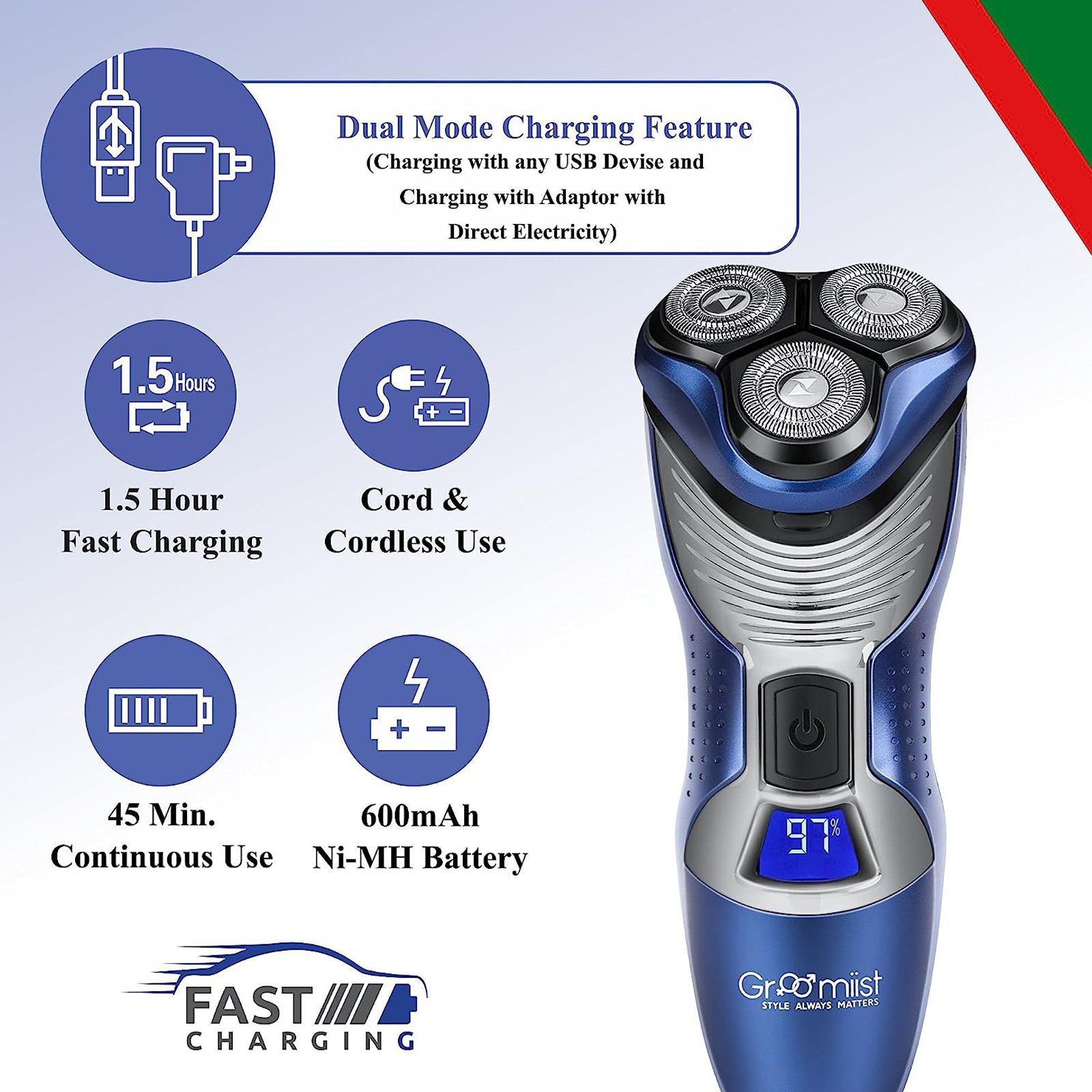 Groomiist Gold Series 2-in-1 Rechargeable Corded & Cordless Shaver for Beard & Moustache for Men (45min Runtime, Japanese Blades Technology, Blue & Silver)_5