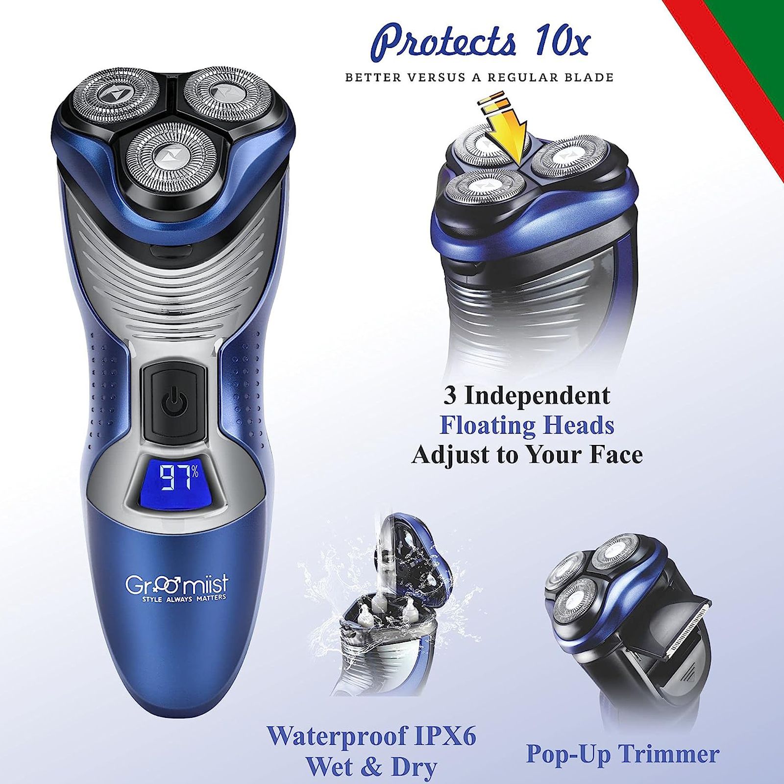 Groomiist Gold Series 2-in-1 Rechargeable Corded & Cordless Shaver for Beard & Moustache for Men (45min Runtime, Japanese Blades Technology, Blue & Silver)_7