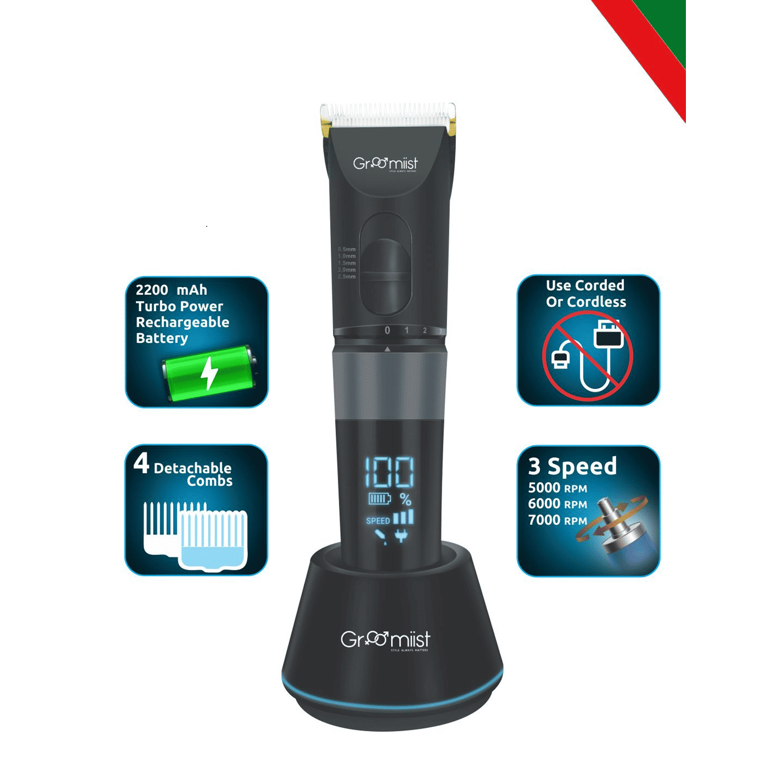 Groomiist Gold Series Rechargeable Corded & Cordless Dry Trimmer for Hair Clipping, Beard & Moustache with 5 Length Settings for Men (180min Runtime, Quick Charging Dock, Black)_6