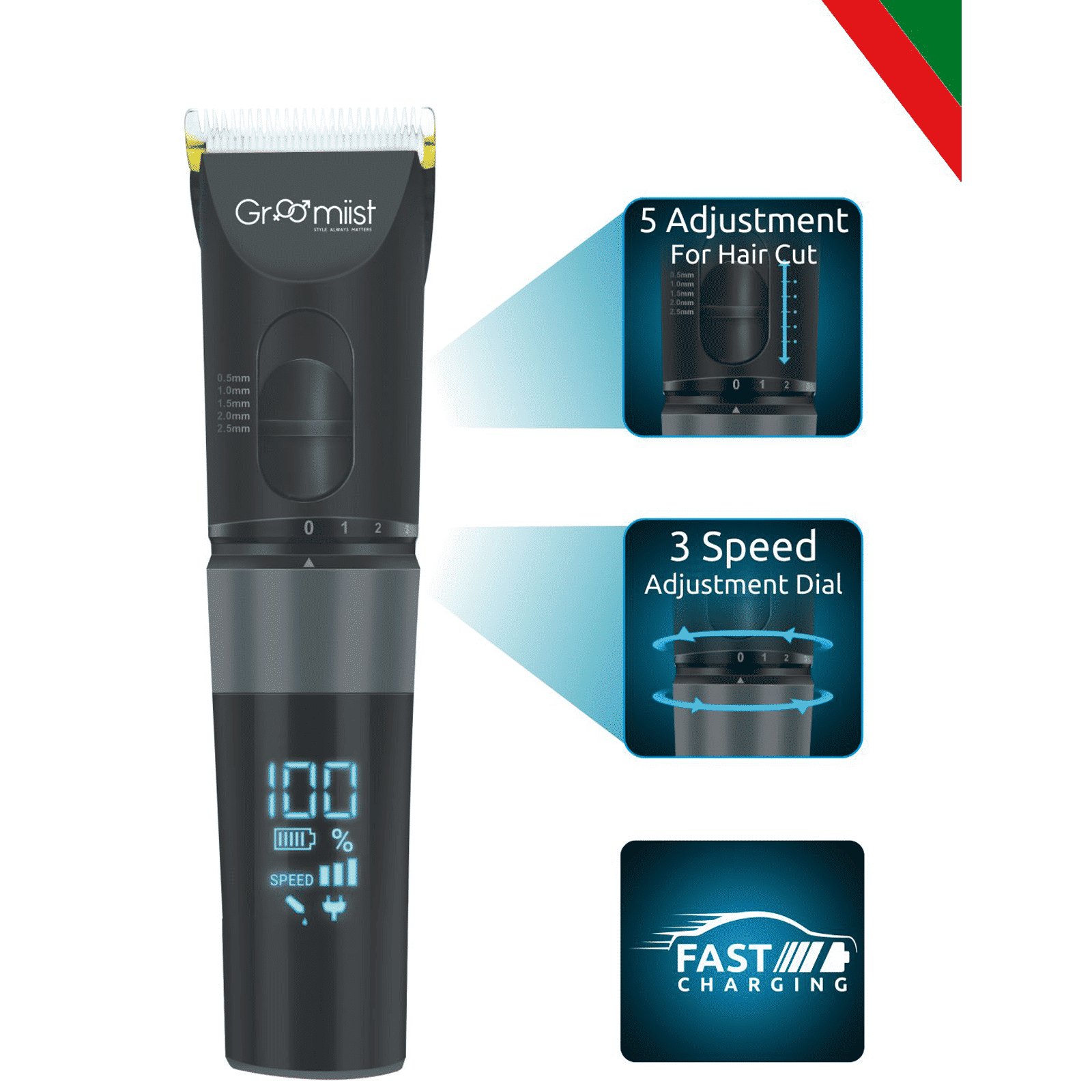 Groomiist Gold Series Rechargeable Corded & Cordless Dry Trimmer for Hair Clipping, Beard & Moustache with 5 Length Settings for Men (180min Runtime, Quick Charging Dock, Black)_8