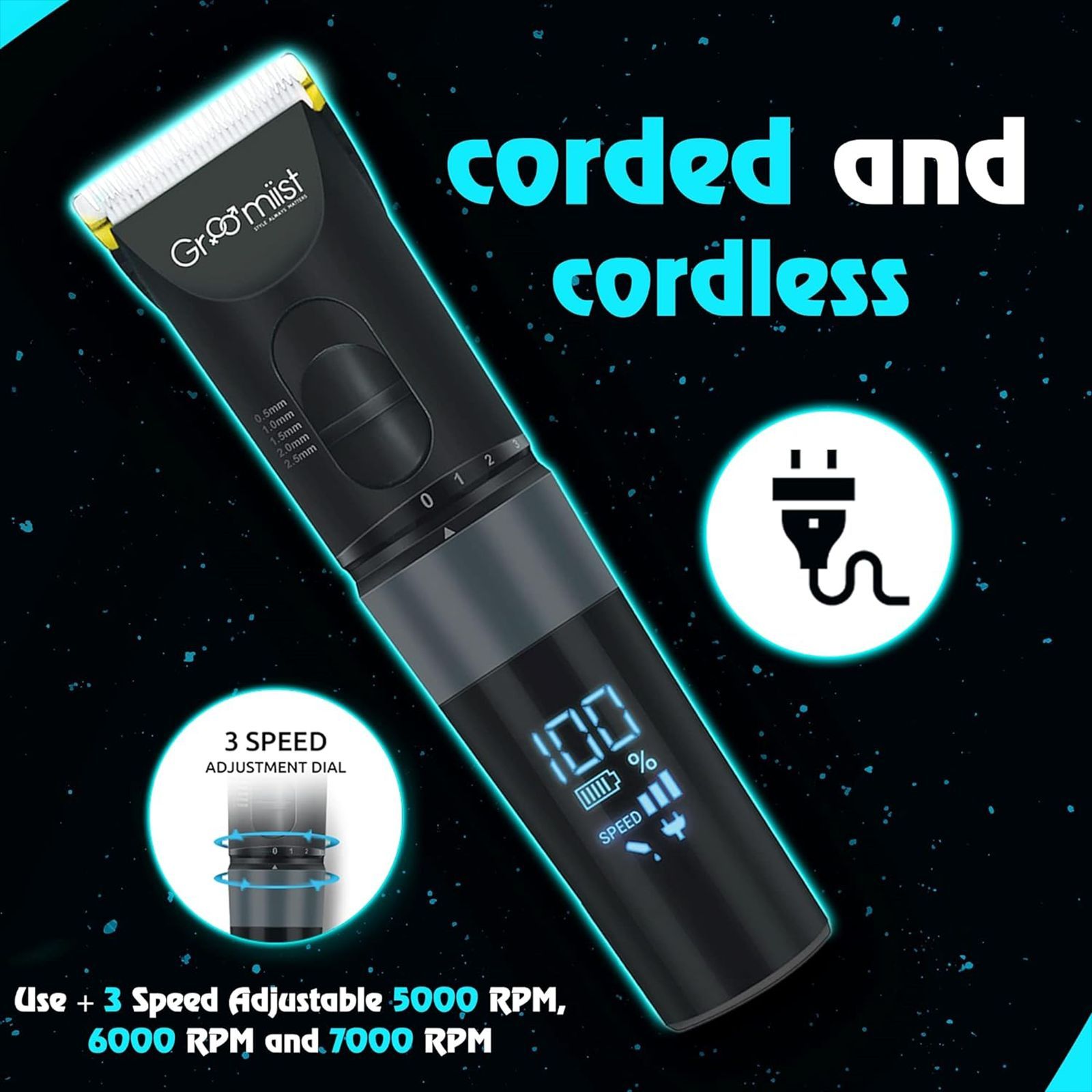 Groomiist Gold Series Rechargeable Corded & Cordless Dry Trimmer for Hair Clipping, Beard & Moustache with 5 Length Settings for Men (180min Runtime, Quick Charging Dock, Black)_9