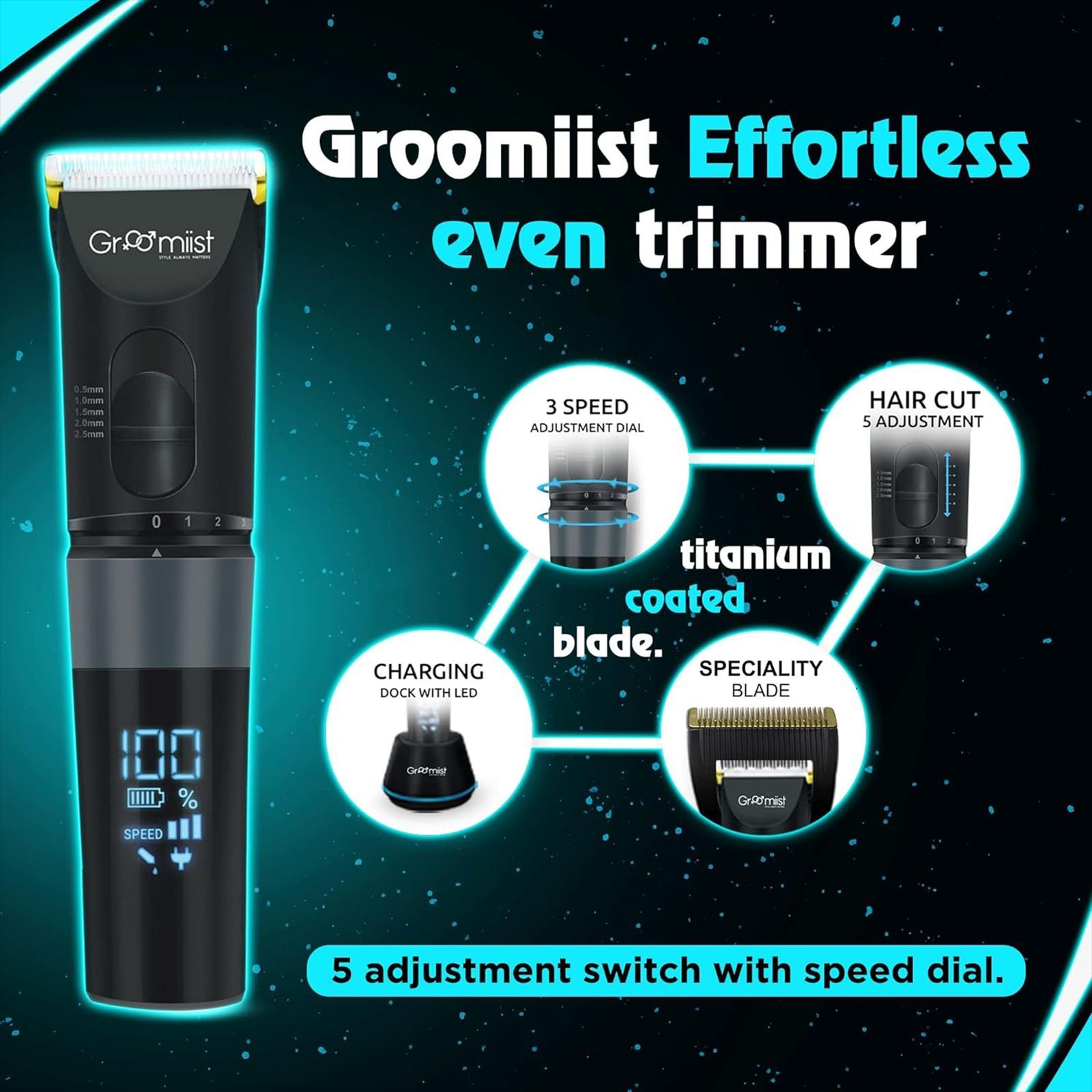 Groomiist Gold Series Rechargeable Corded & Cordless Dry Trimmer for Hair Clipping, Beard & Moustache with 5 Length Settings for Men (180min Runtime, Quick Charging Dock, Black)_10