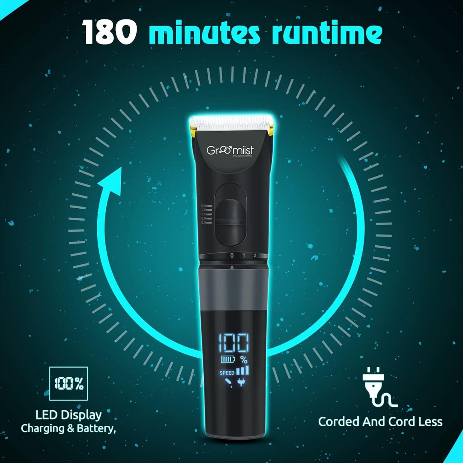 Groomiist Gold Series Rechargeable Corded & Cordless Dry Trimmer for Hair Clipping, Beard & Moustache with 5 Length Settings for Men (180min Runtime, Quick Charging Dock, Black)_12