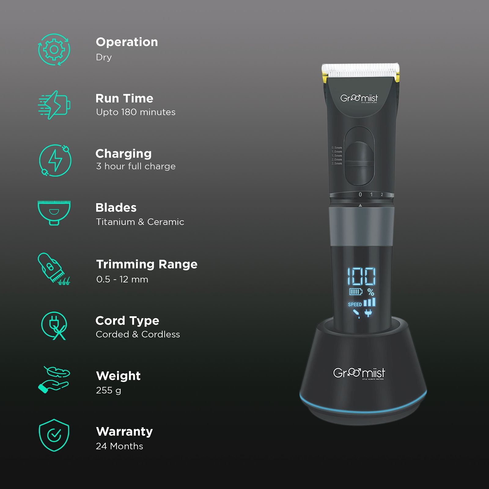 Groomiist Gold Series Rechargeable Corded & Cordless Dry Trimmer for Hair Clipping, Beard & Moustache with 5 Length Settings for Men (180min Runtime, Quick Charging Dock, Black)_2