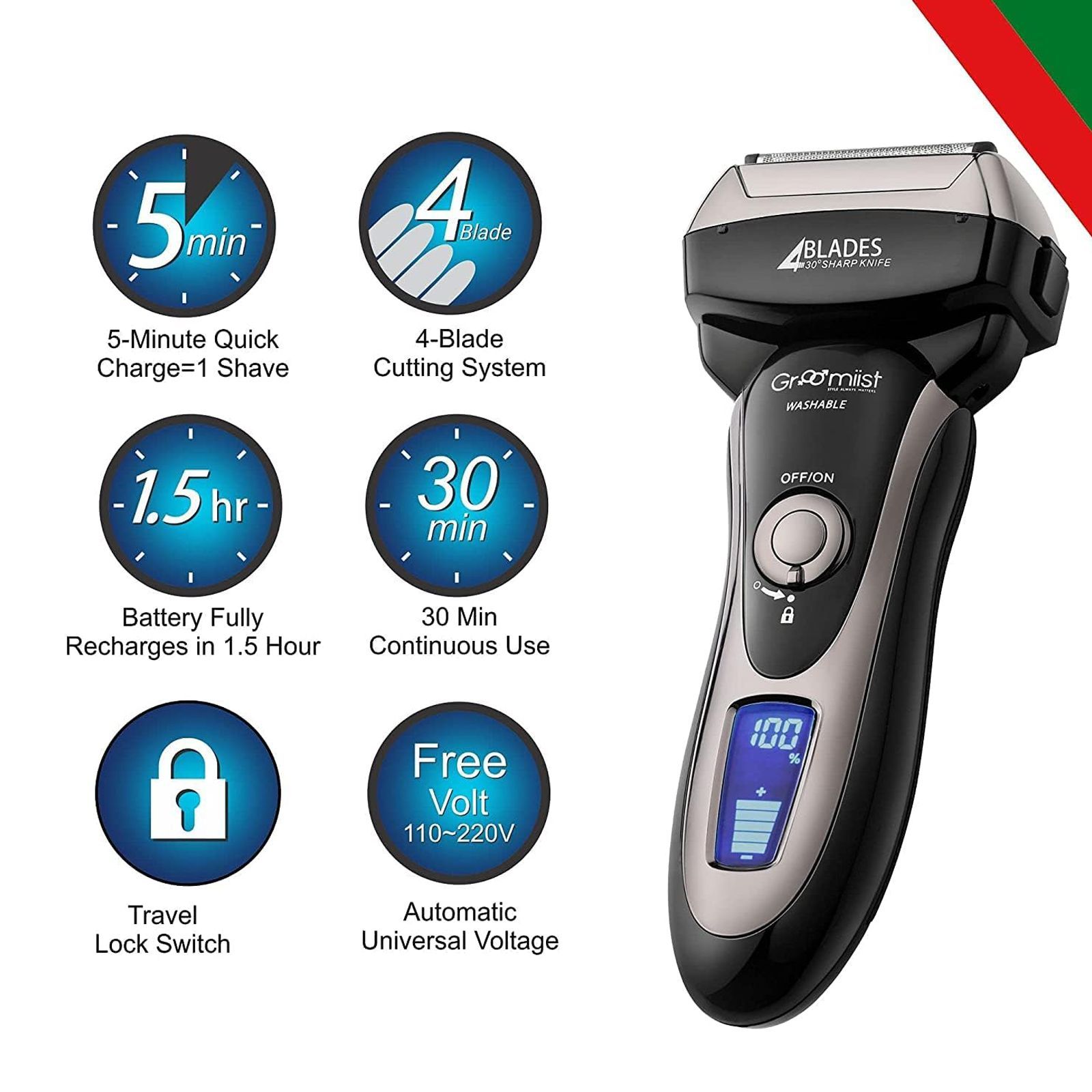 Groomiist Platinum Series Rechargeable Corded & Cordless Shaver for Beard & Moustache for Men (45min Runtime, 4 Heads Technology, Black & Silver) Groomiist Platinum Series Rechargeable Corded & Cordless Shaver for Beard & Moustache for Men (45min Runtime, 4 Heads Technology, Black & Silver)_5