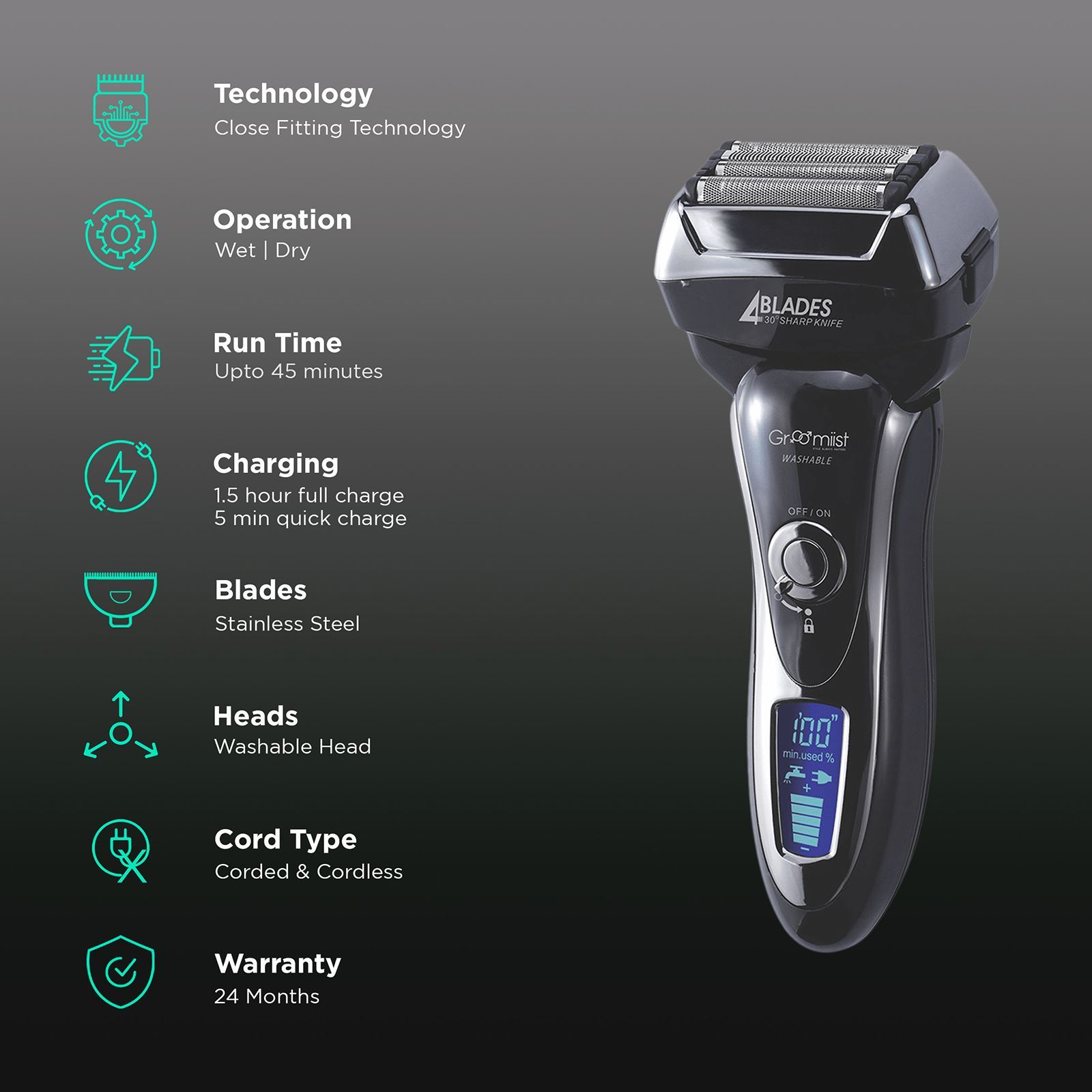 Groomiist Platinum Series Rechargeable Corded & Cordless Shaver for Beard & Moustache for Men (45min Runtime, 4 Heads Technology, Black & Silver) Groomiist Platinum Series Rechargeable Corded & Cordless Shaver for Beard & Moustache for Men (45min Runtime, 4 Heads Technology, Black & Silver)_2