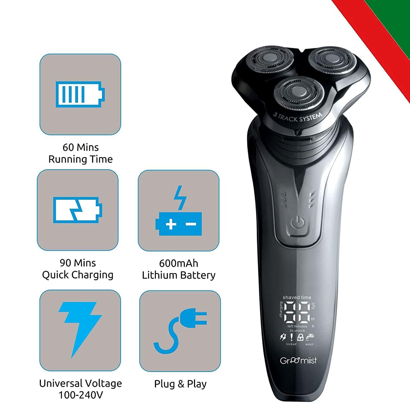 Groomiist Platinum Series 6-in-1 Rechargeable Corded & Cordless Grooming Kit for Face, Nose, Beard & Moustache for Men (60min Runtime, LCD Digital Display, Black)_8