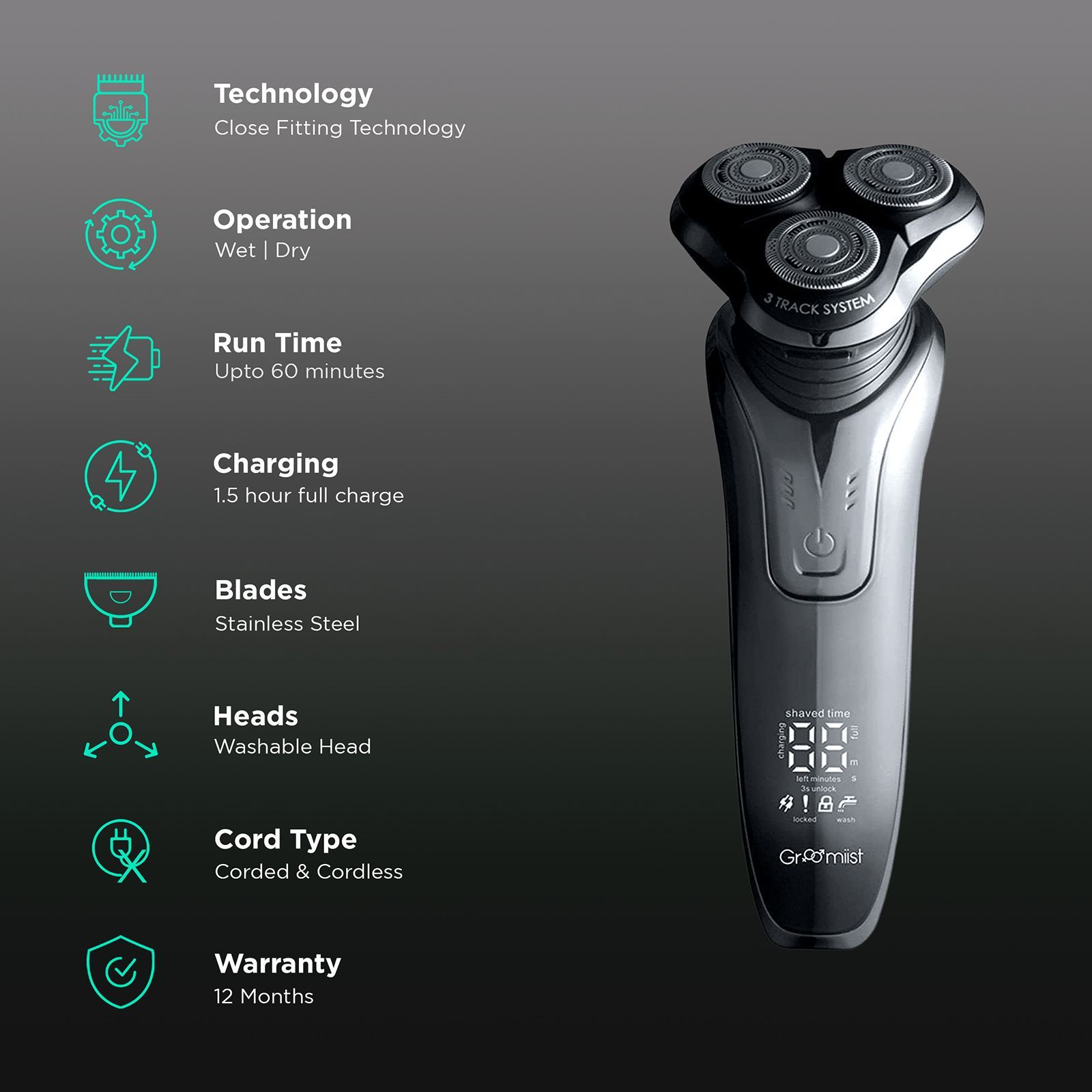 Groomiist Platinum Series 6-in-1 Rechargeable Corded & Cordless Grooming Kit for Face, Nose, Beard & Moustache for Men (60min Runtime, LCD Digital Display, Black)_2