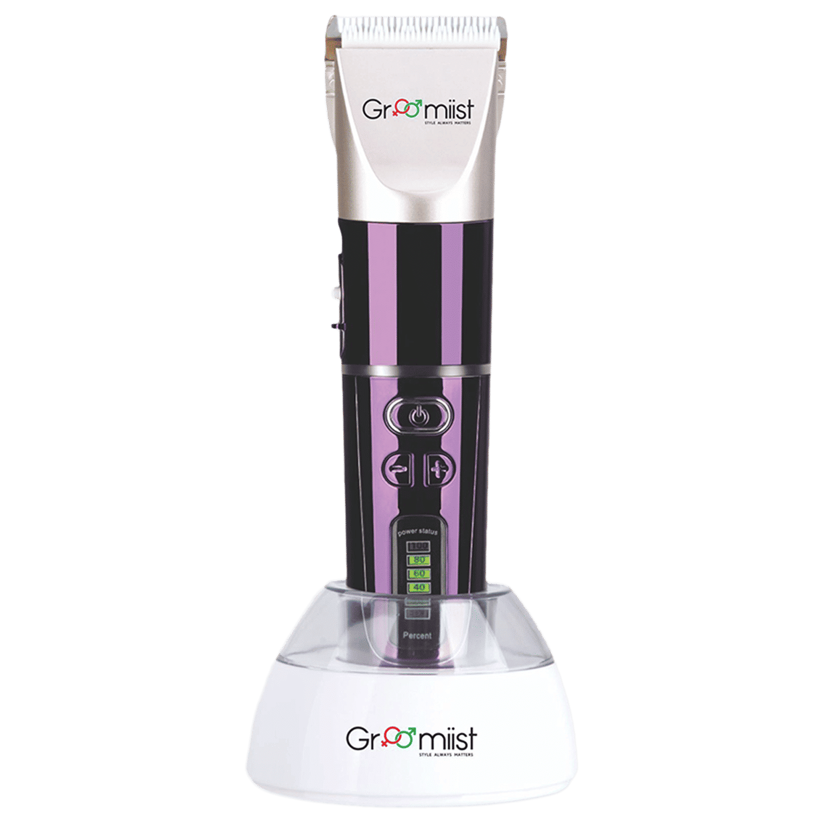 Groomiist Platinum Series Rechargeable Corded & Cordless Dry Trimmer for Hair Clipping, Beard & Moustache with 4 Length Settings for Men (270min Runtime, Charging Dock, Purple & Ivory)_1
