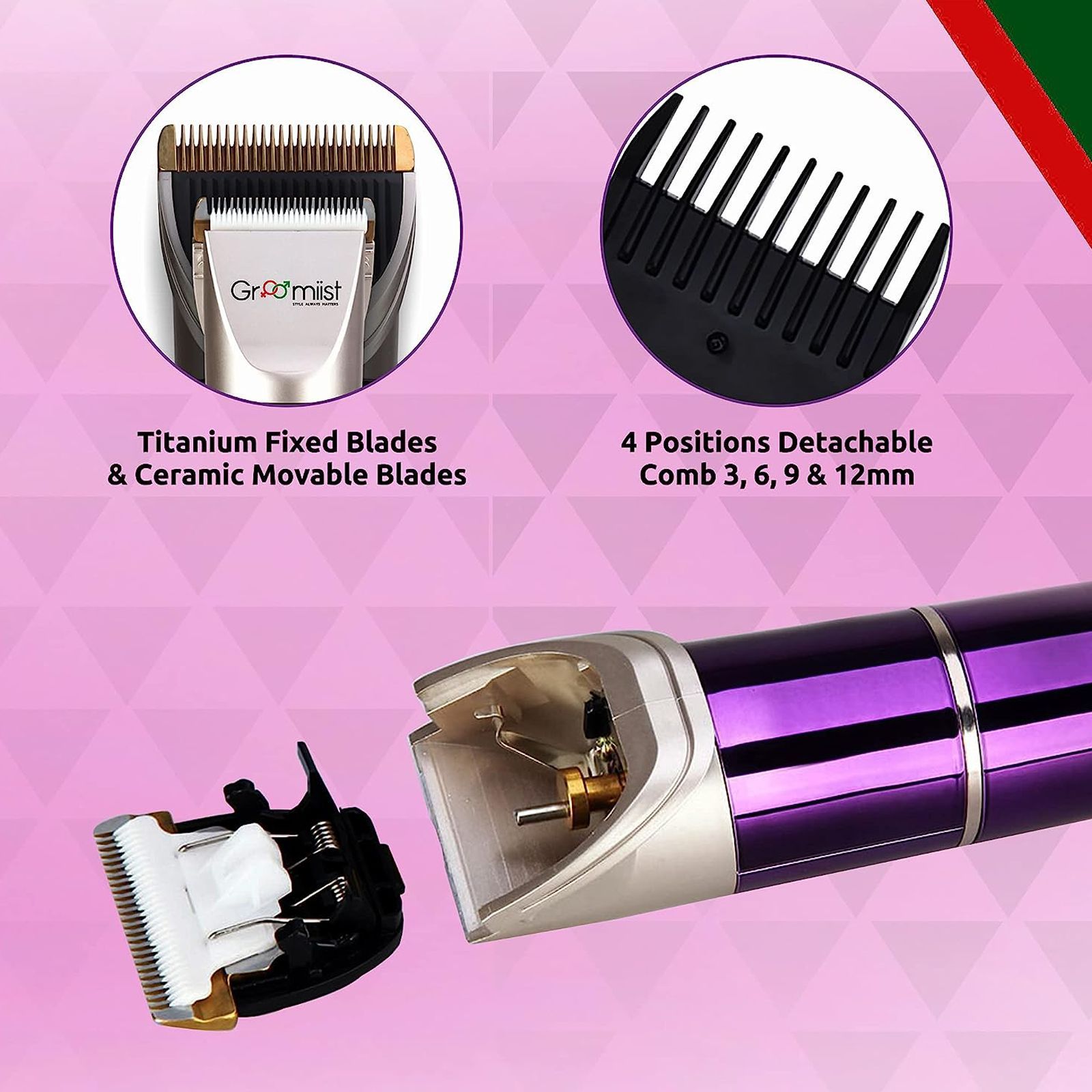 Groomiist Platinum Series Rechargeable Corded & Cordless Dry Trimmer for Hair Clipping, Beard & Moustache with 4 Length Settings for Men (270min Runtime, Charging Dock, Purple & Ivory)_5